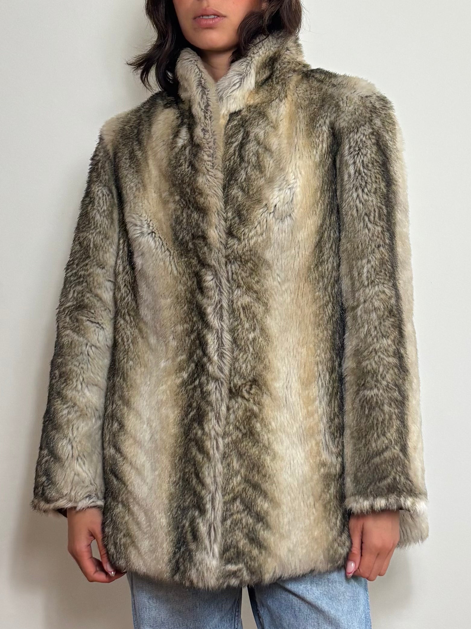 Vintage Faux Fur Striped Coat (M)