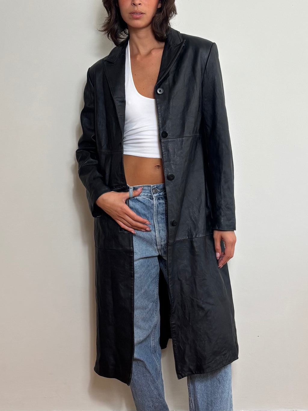 Vintage 90s Black Real Leather Trench Coat (L)