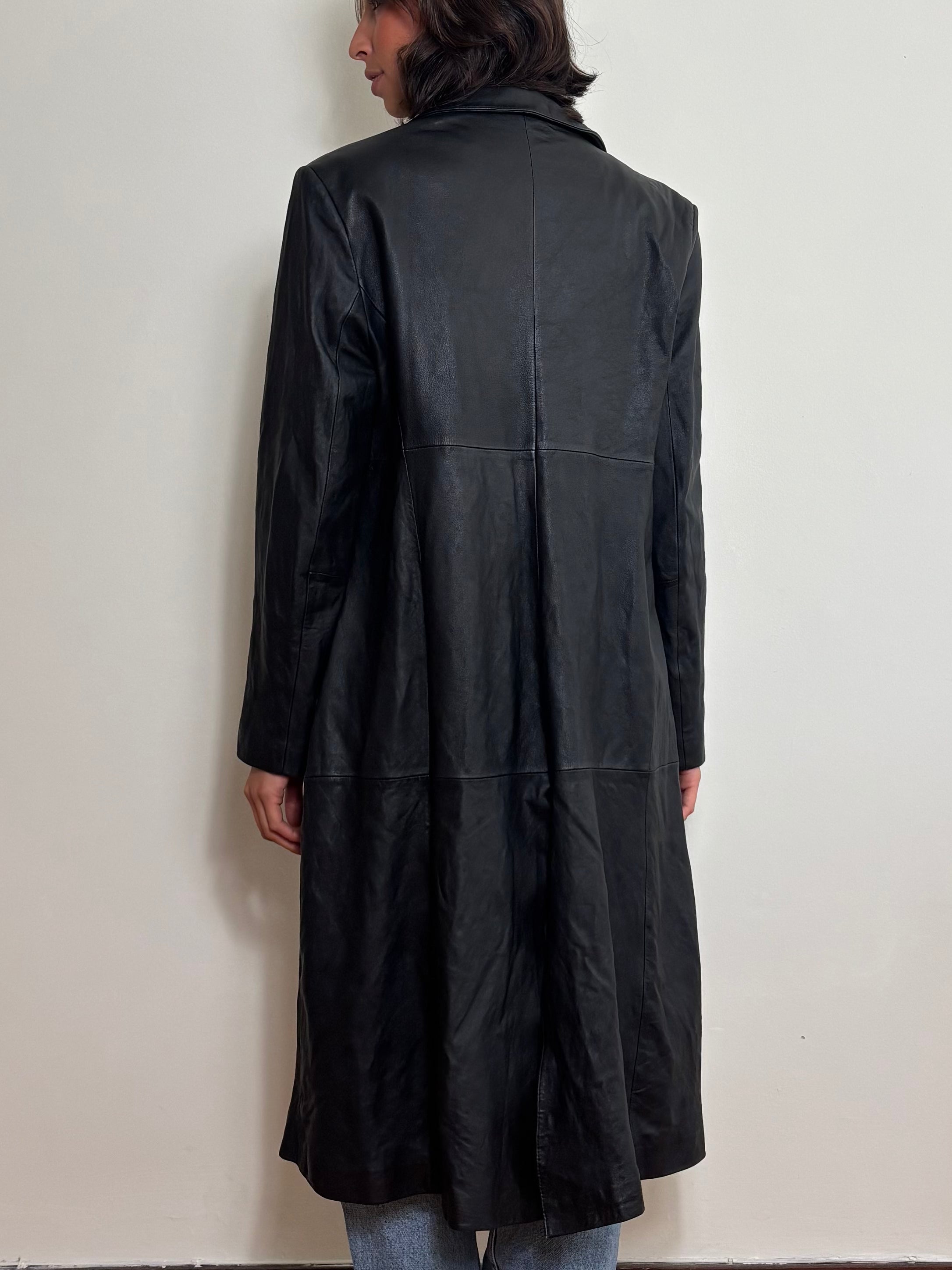 Vintage 90s Black Real Leather Trench Coat (L)