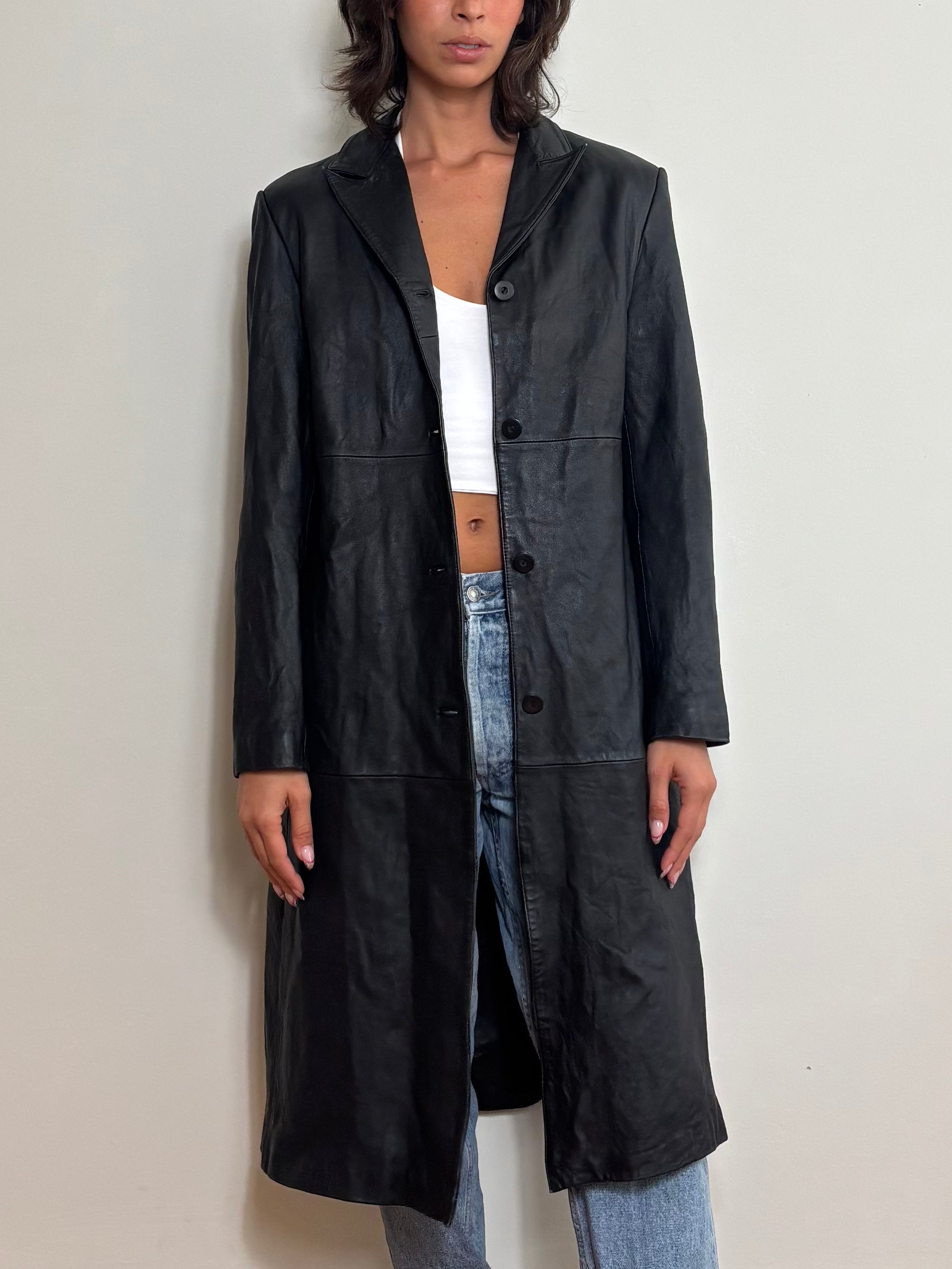 Vintage 90s Black Real Leather Trench Coat (L)
