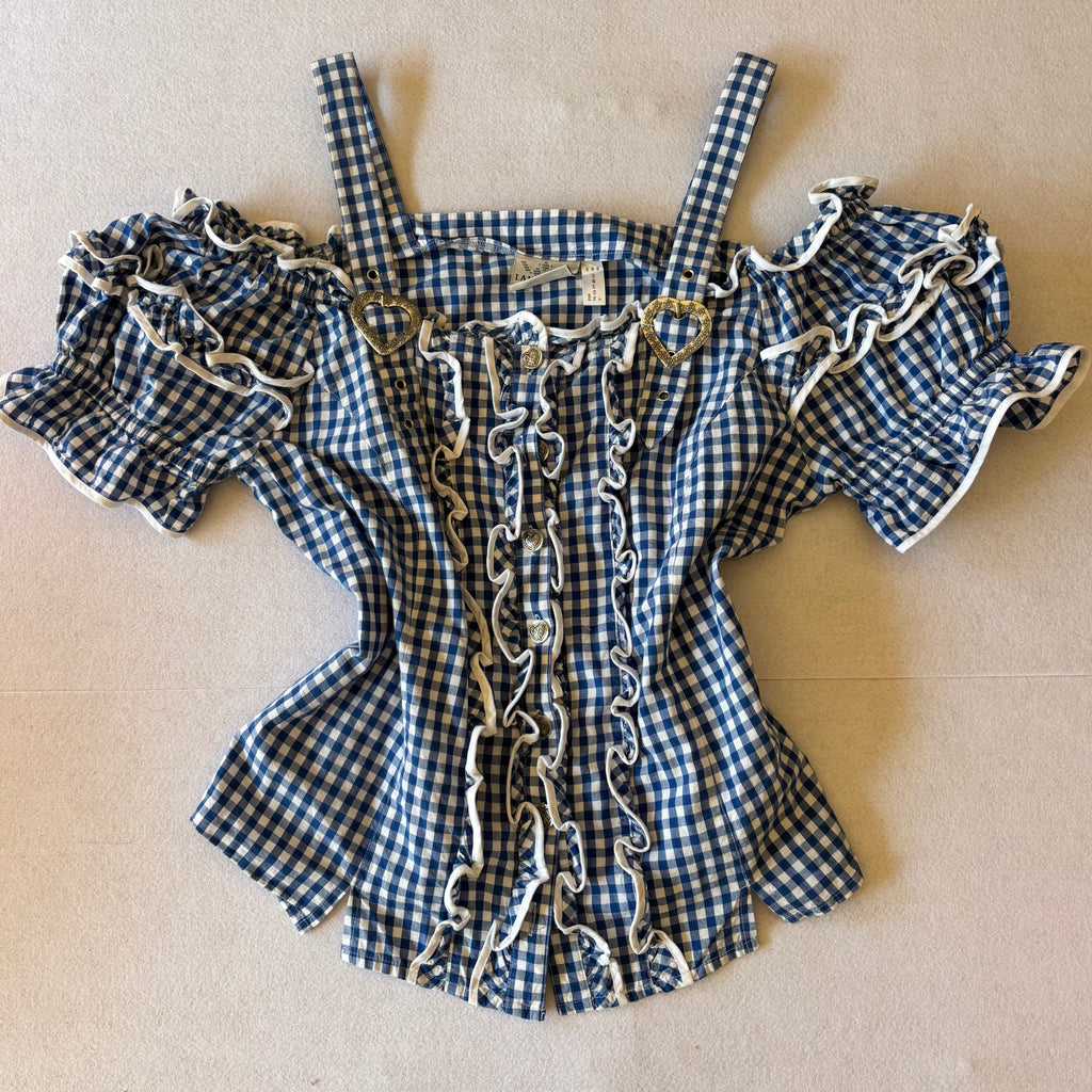 Y2K Blue Gingham Off-Shoulder Top (XL)