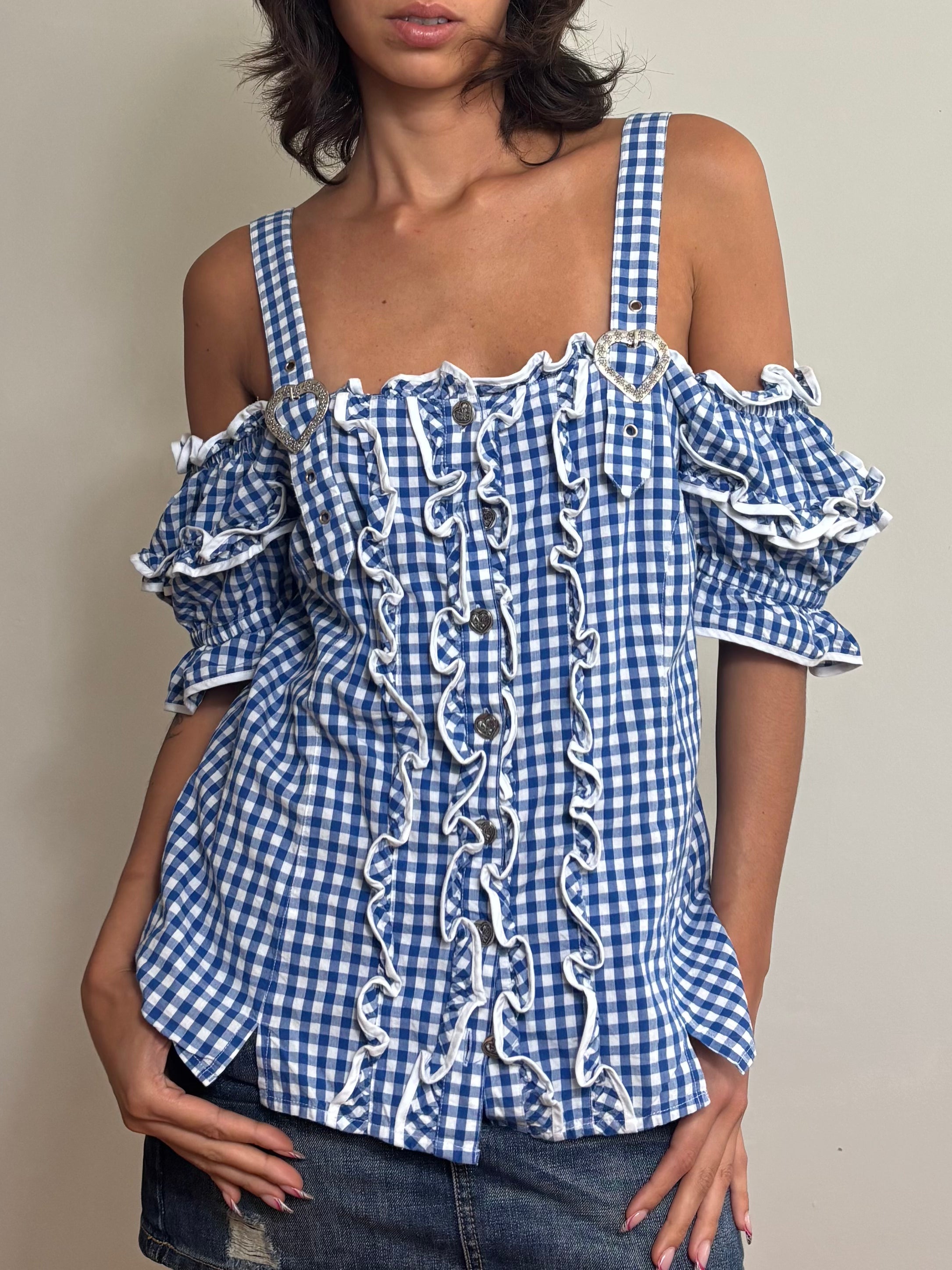 Y2K Blue Gingham Off-Shoulder Top (XL)