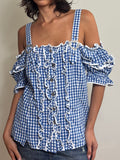 Y2K Blue Gingham Off-Shoulder Top (XL)