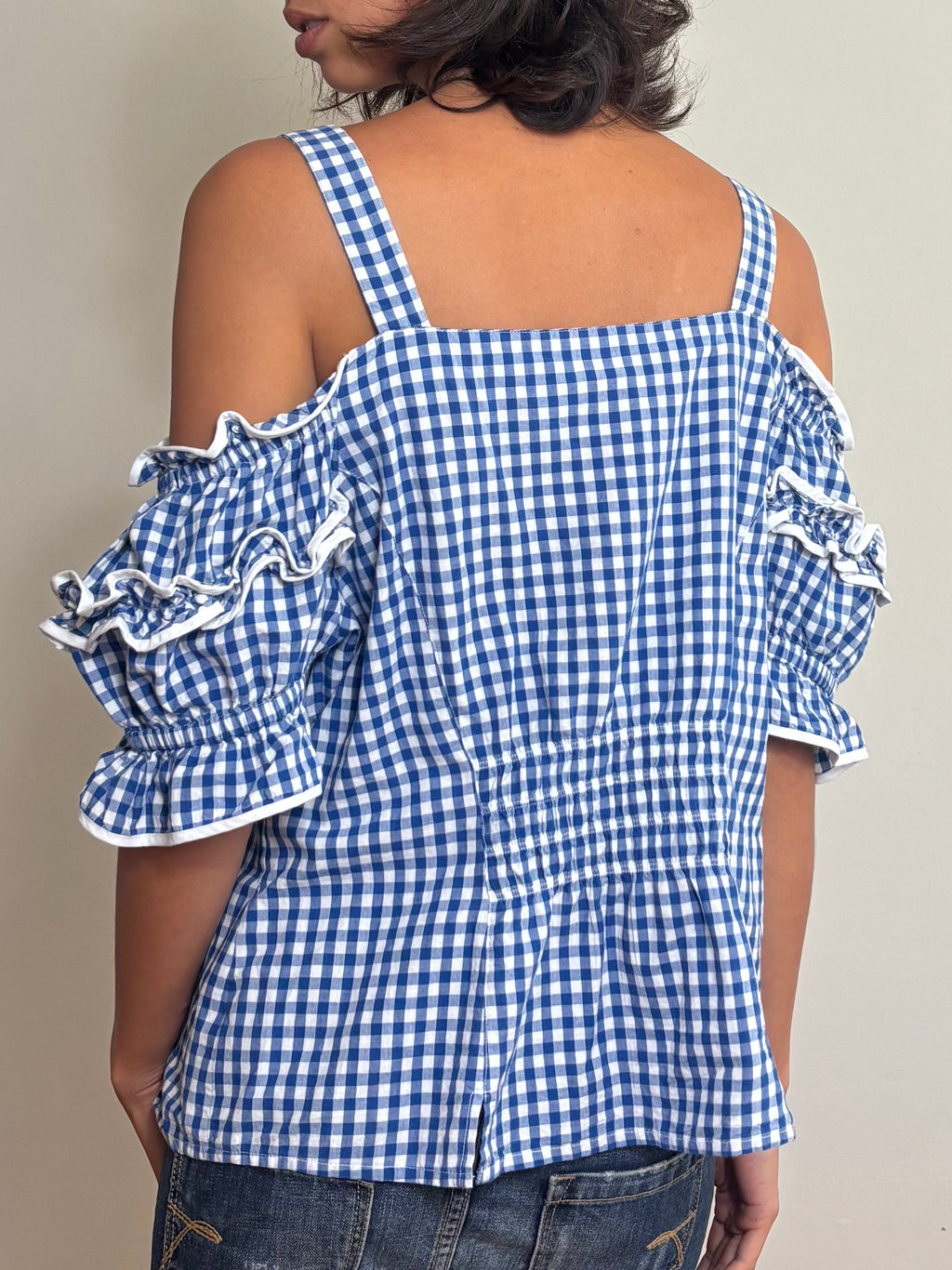 Y2K Blue Gingham Off-Shoulder Top (XL)