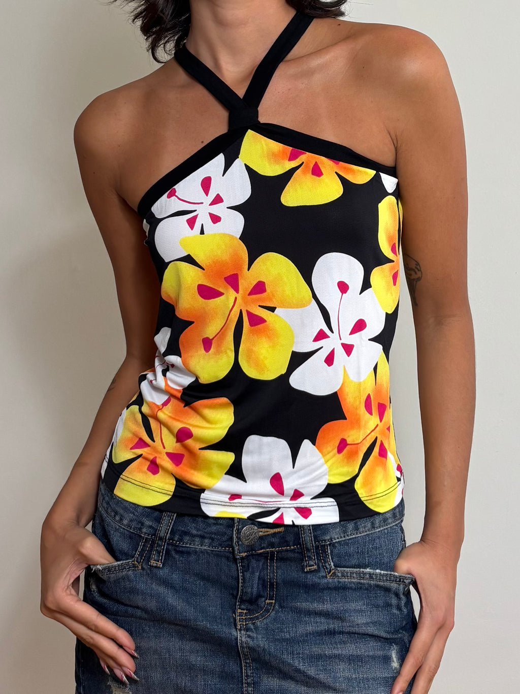 Y2K Black Tropical Floral Halter Top (S)