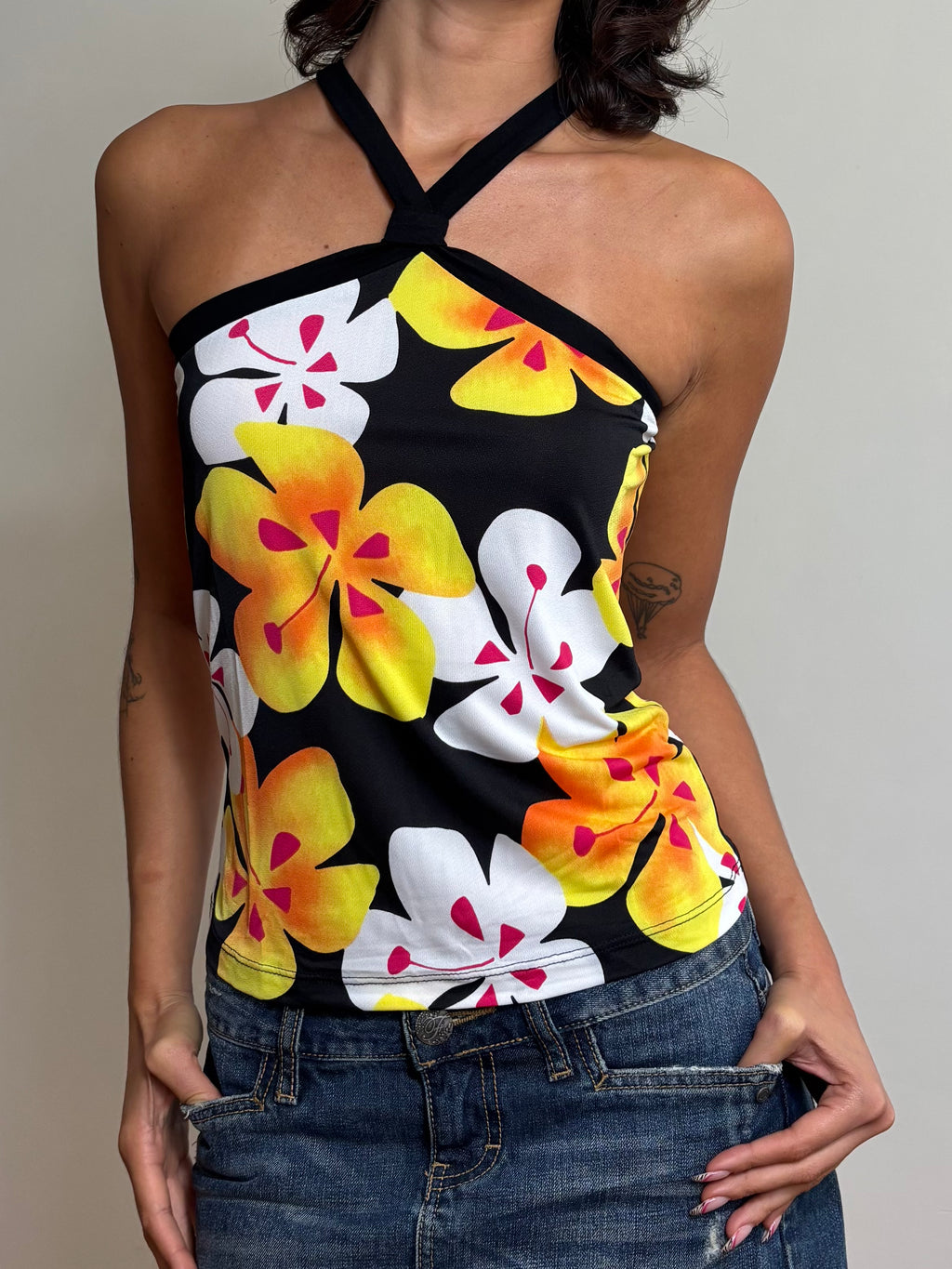 Y2K Black Tropical Floral Halter Top (S)