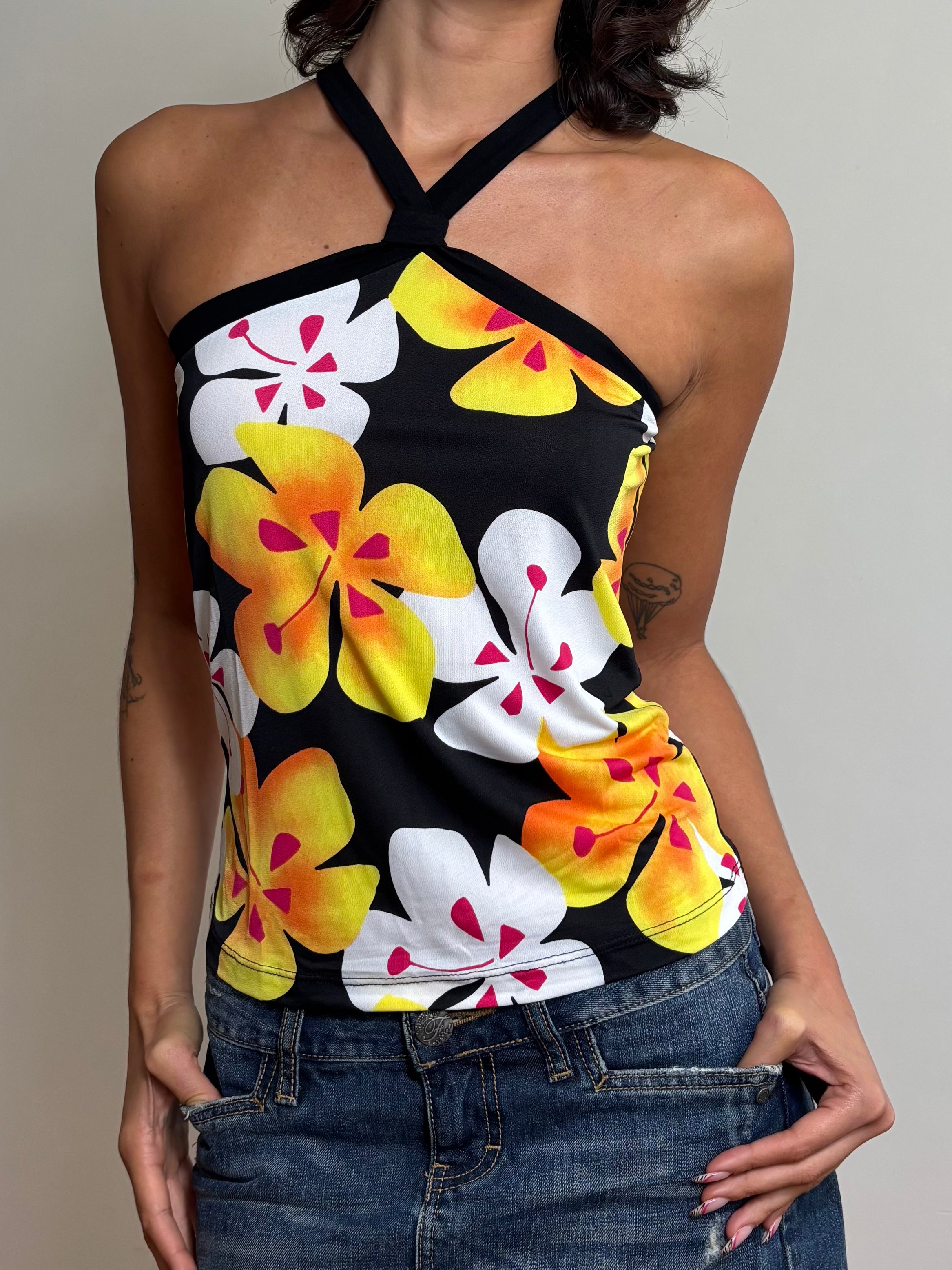 Y2K Black Tropical Floral Halter Top (S)