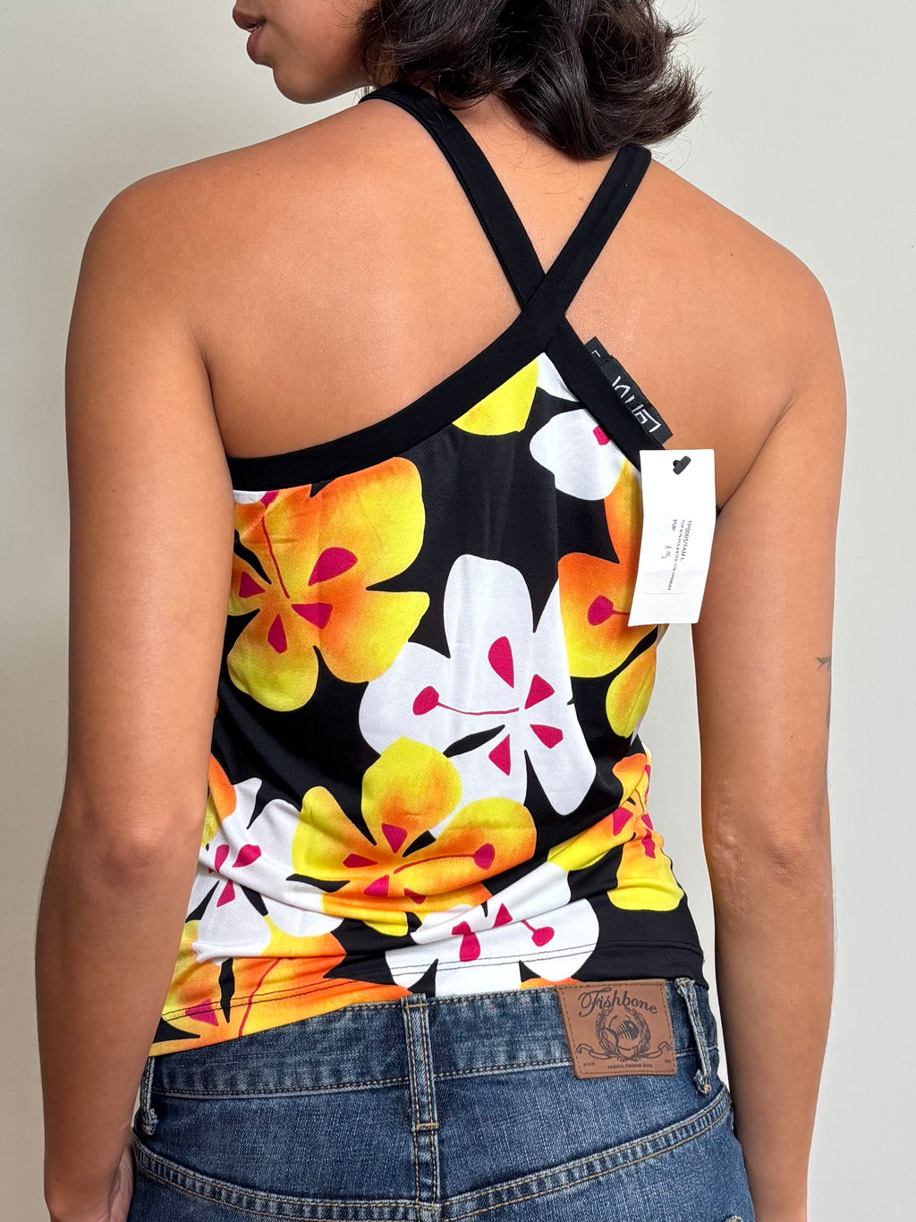Y2K Black Tropical Floral Halter Top (S)