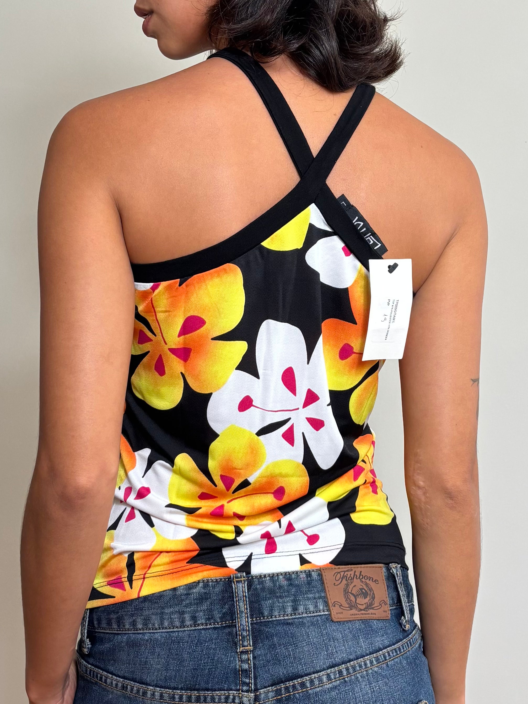 Y2K Black Tropical Floral Halter Top (S)