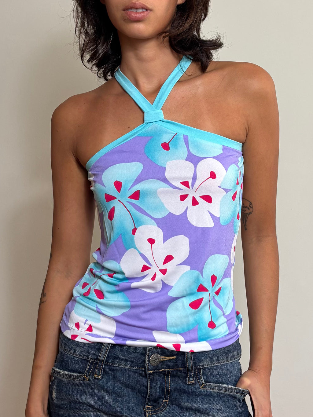 Y2K Lilac Hawaiian Floral Halter Top (S)