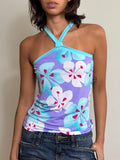 Y2K Lilac Hawaiian Floral Halter Top (S)