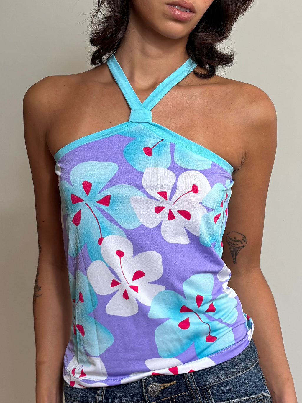 Y2K Lilac Hawaiian Floral Halter Top (S)