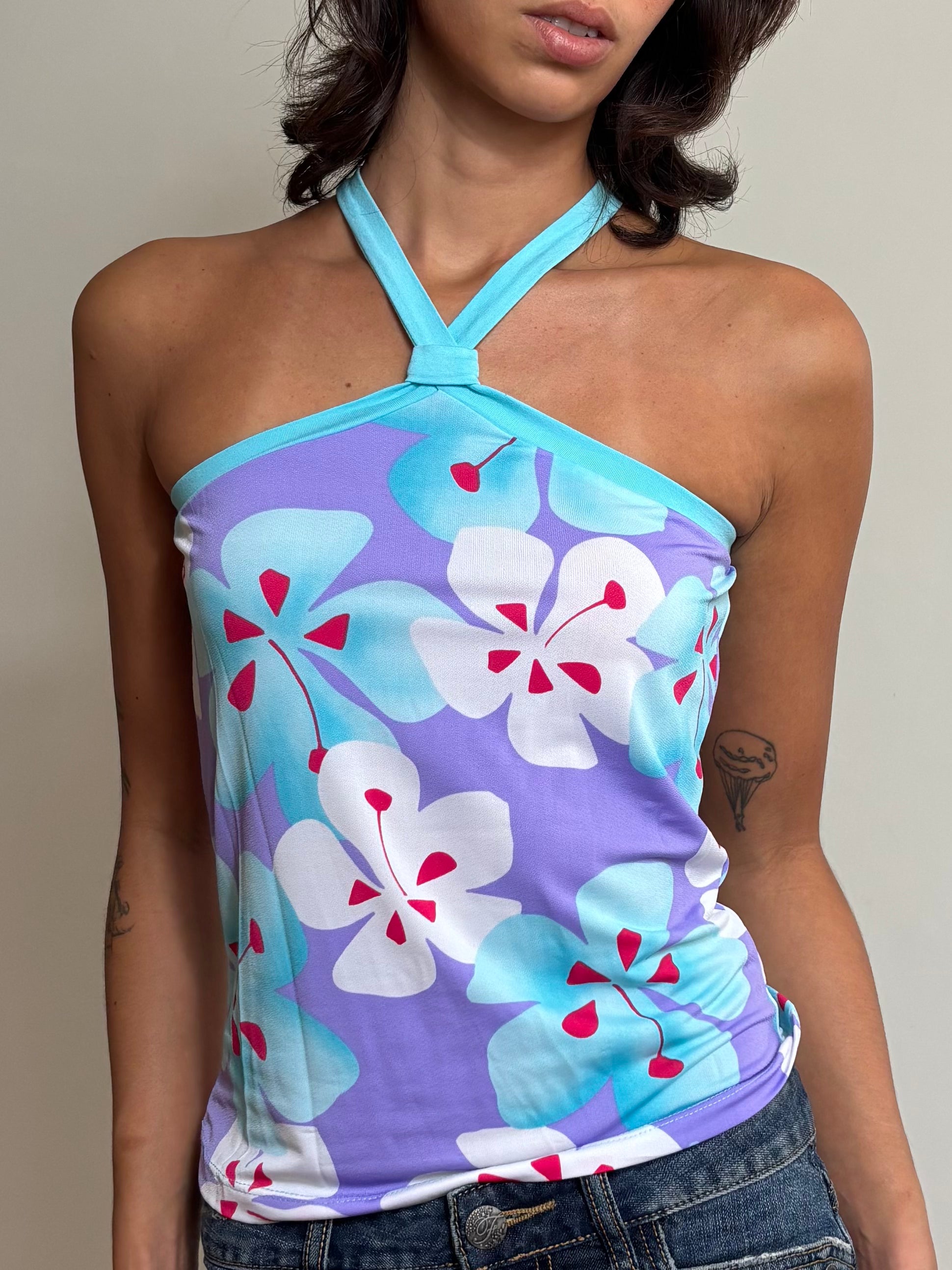 Y2K Lilac Hawaiian Floral Halter Top (S)