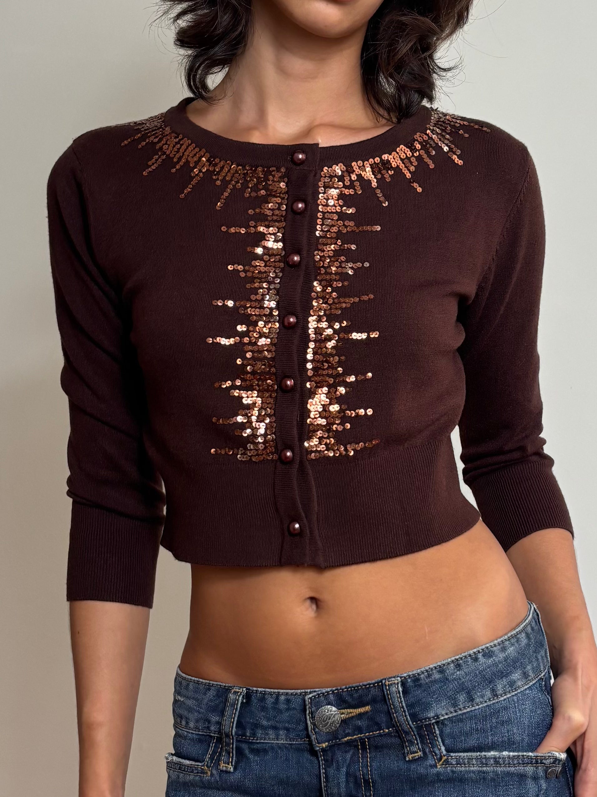 Y2K Brown Sequin Cardigan (S)