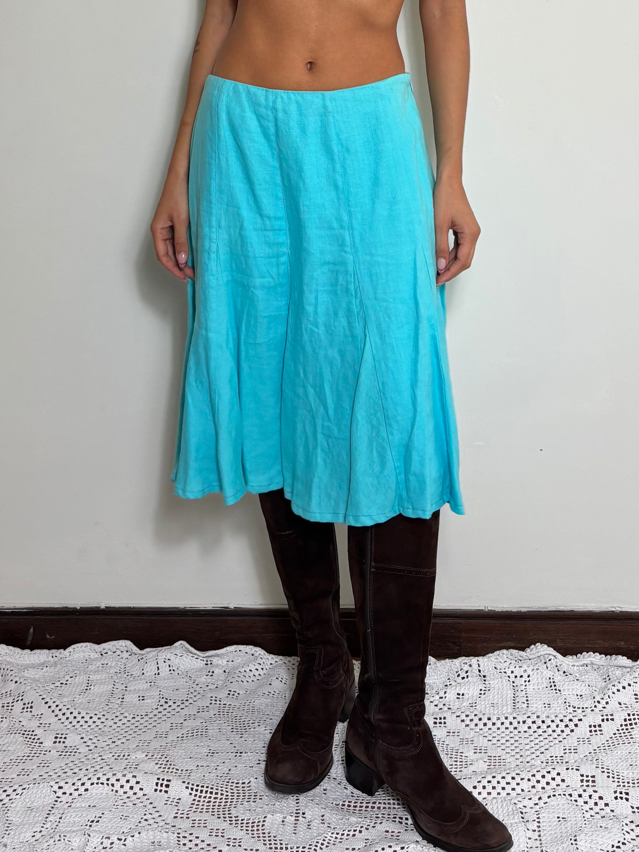 Y2K Aquca Linen Midi Skirt (S)