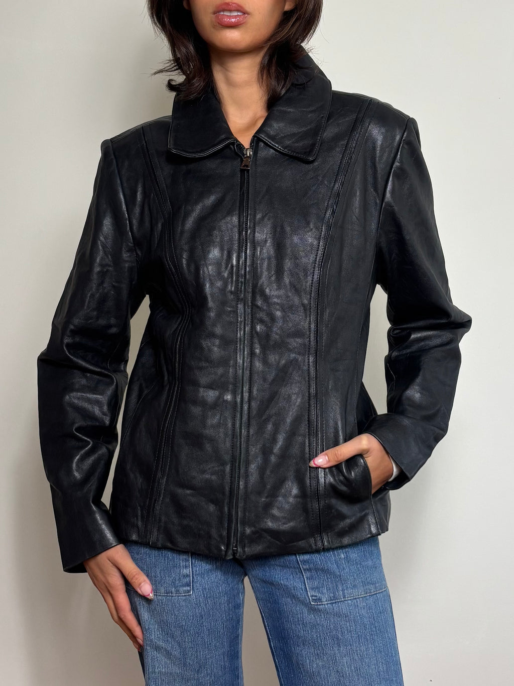 Vintage Black Leather Zip Up Jacket (M)