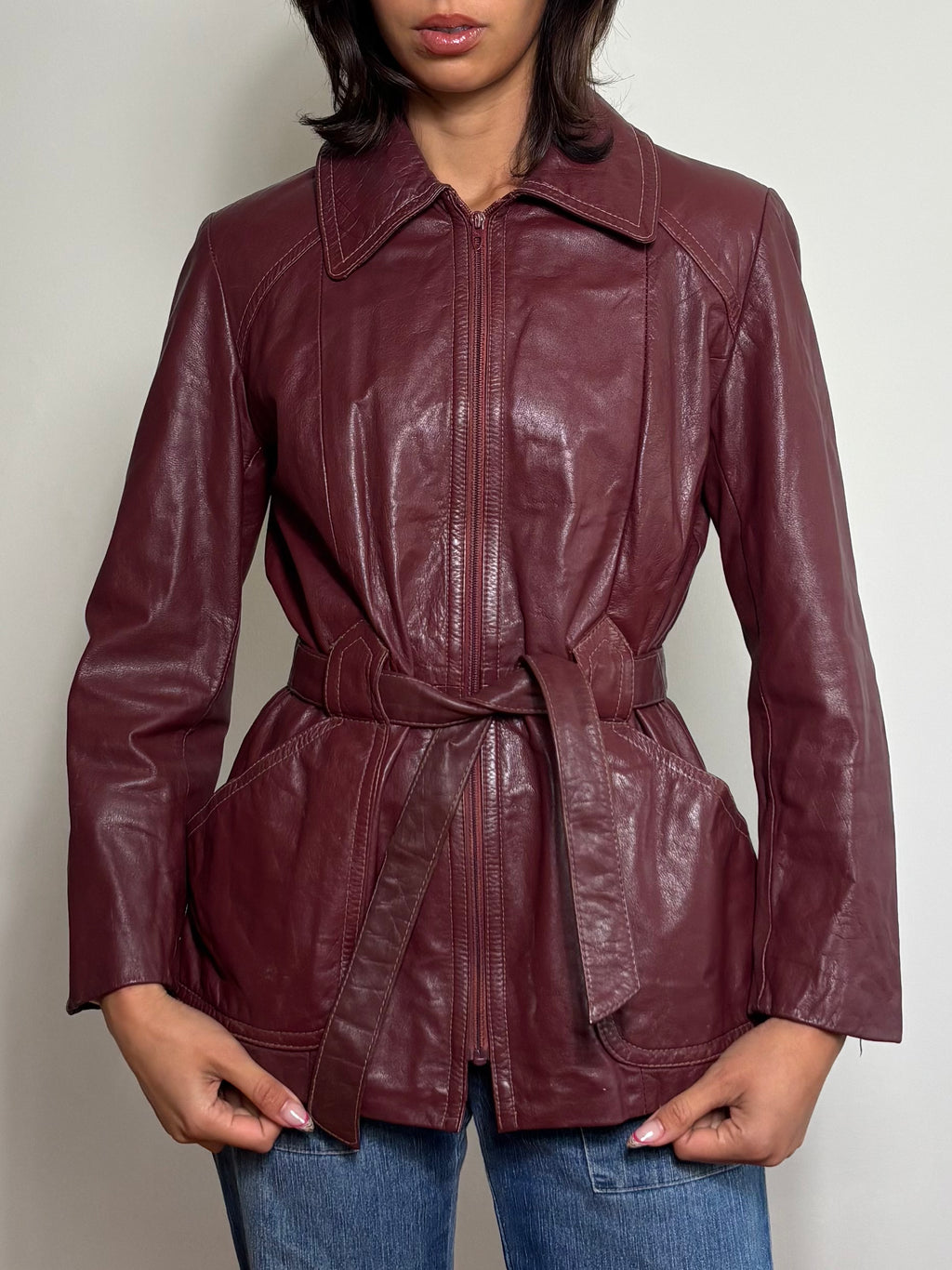 Vintage Burgundy Leather Trench Coat (M)