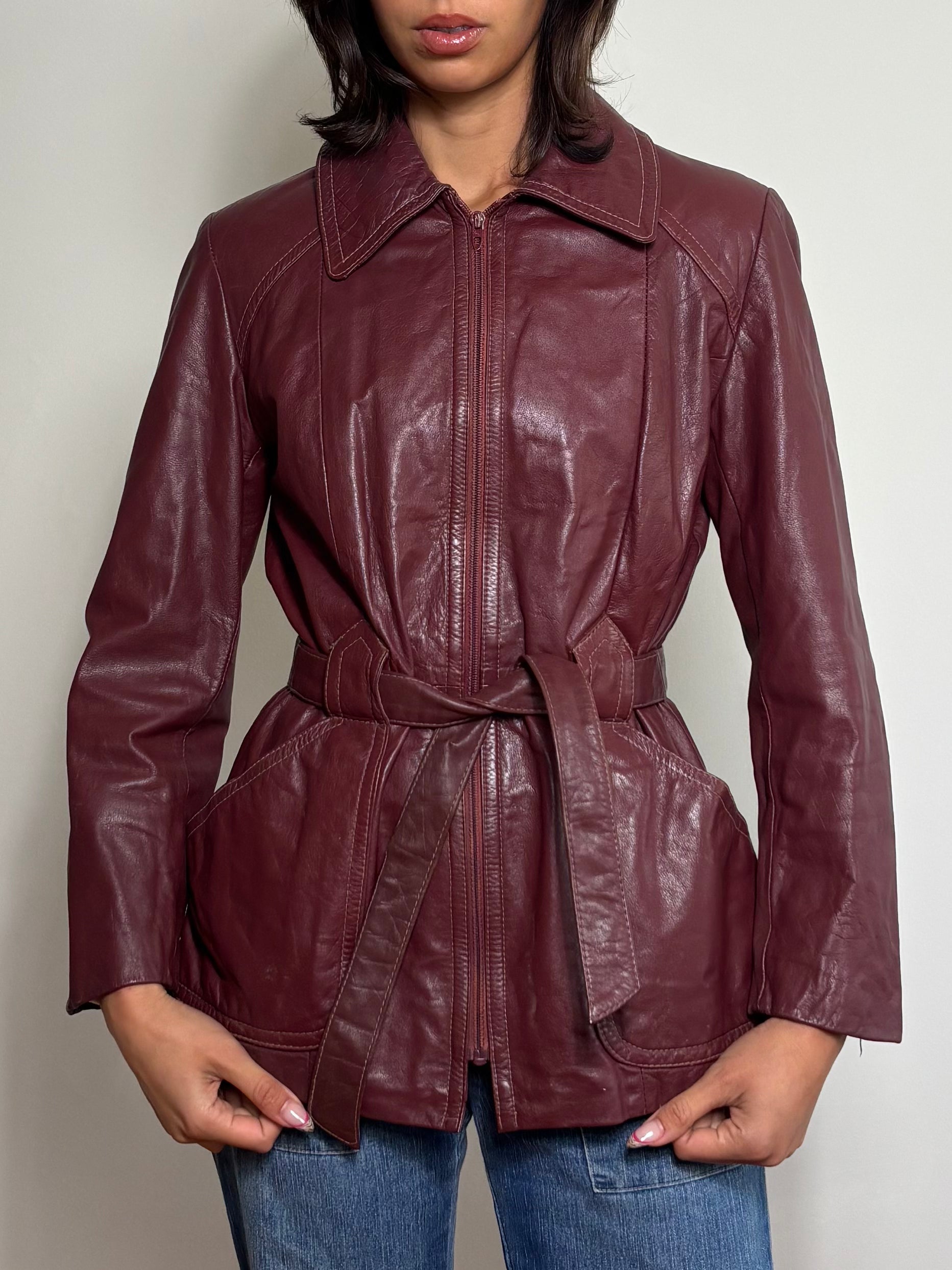 Vintage Burgundy Leather Trench Coat (M)