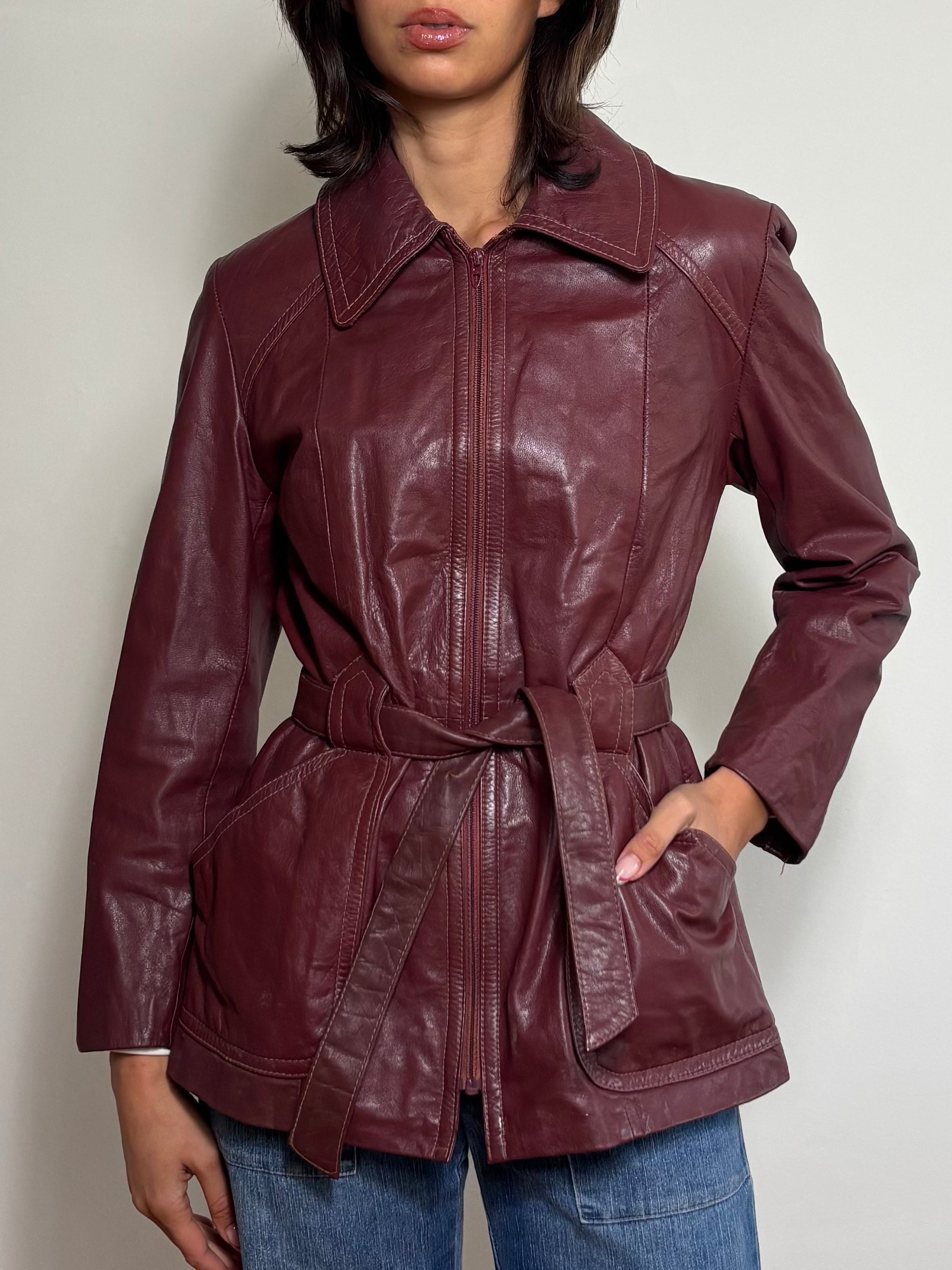 Vintage Burgundy Leather Trench Coat (M)