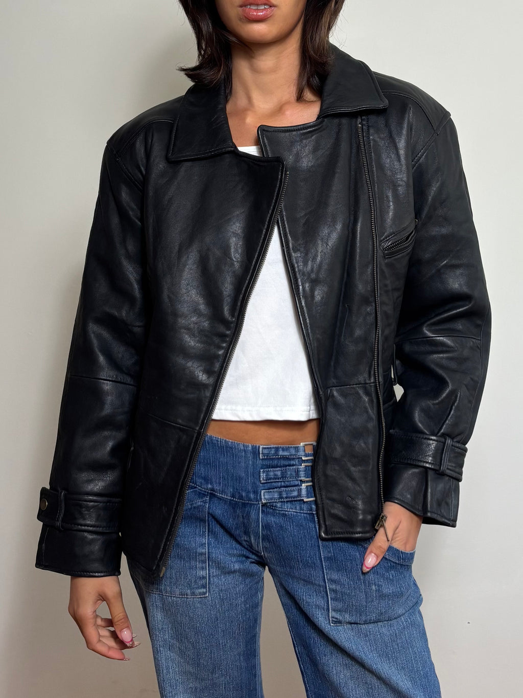 Vintage Black Leather Biker Jacket (S)