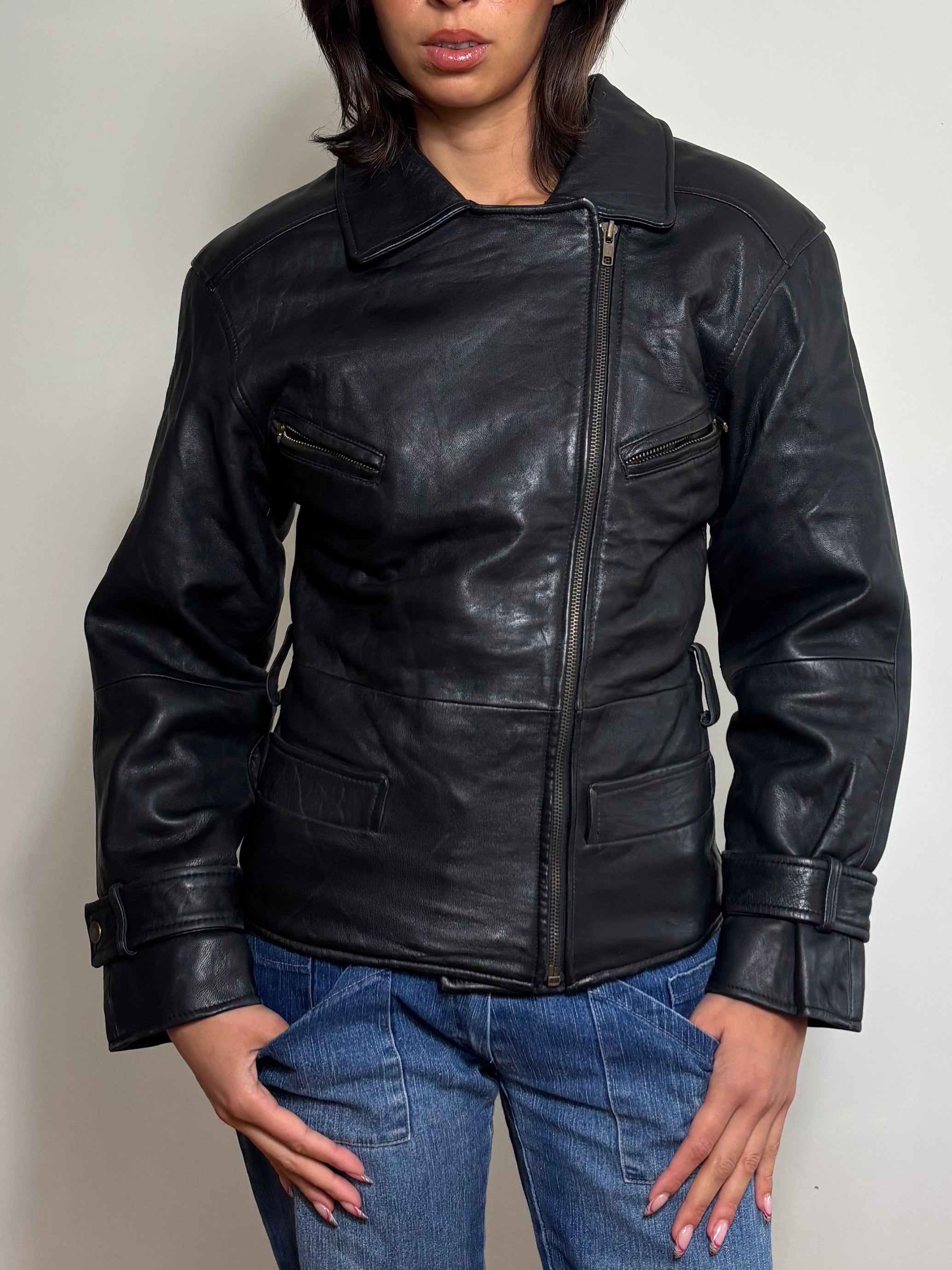 Vintage Black Leather Biker Jacket (S)