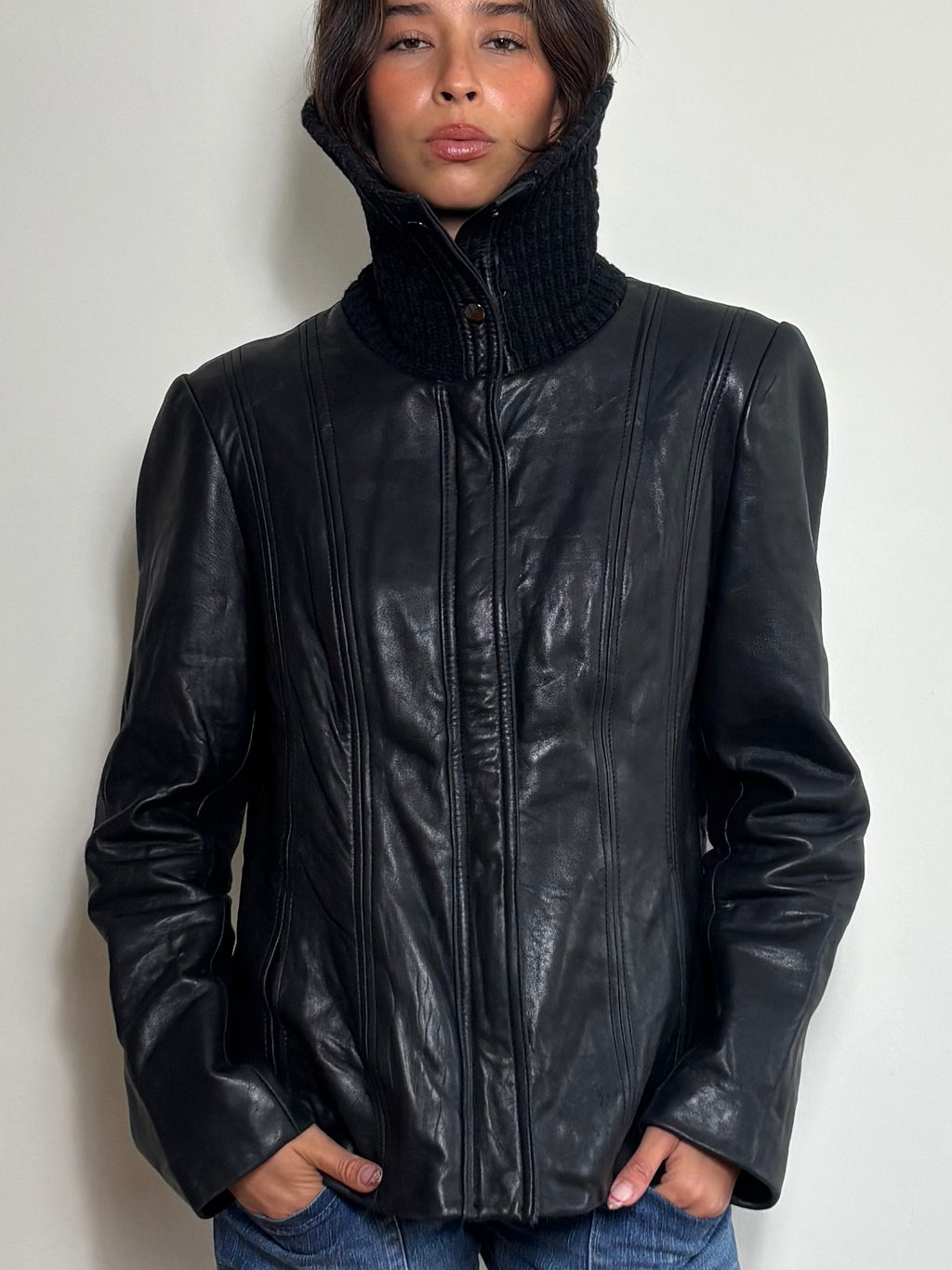 Vintage Black Leather Jacket with Knit Turtleneck Collar (L)