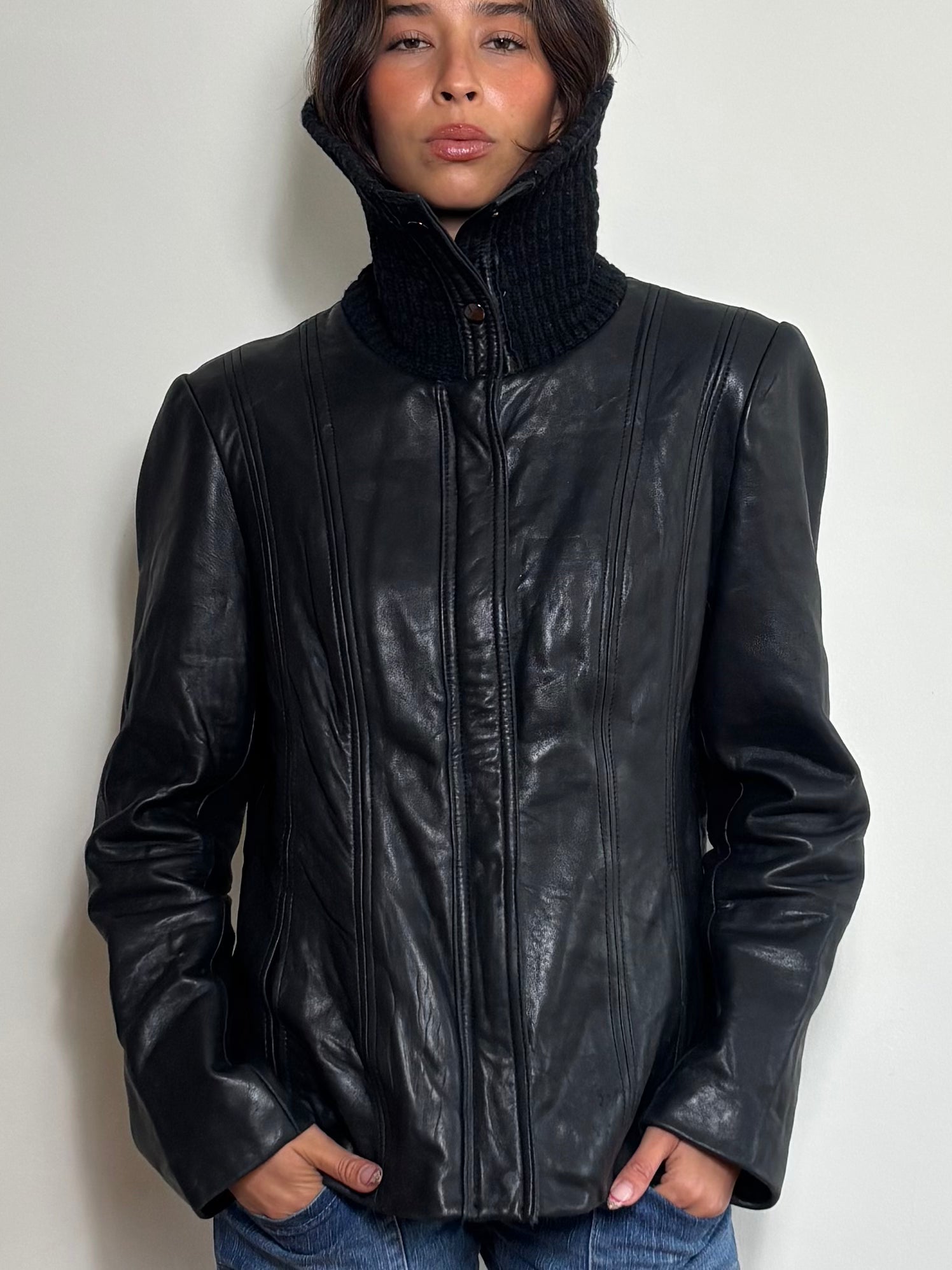 Vintage Black Leather Jacket with Knit Turtleneck Collar (L)