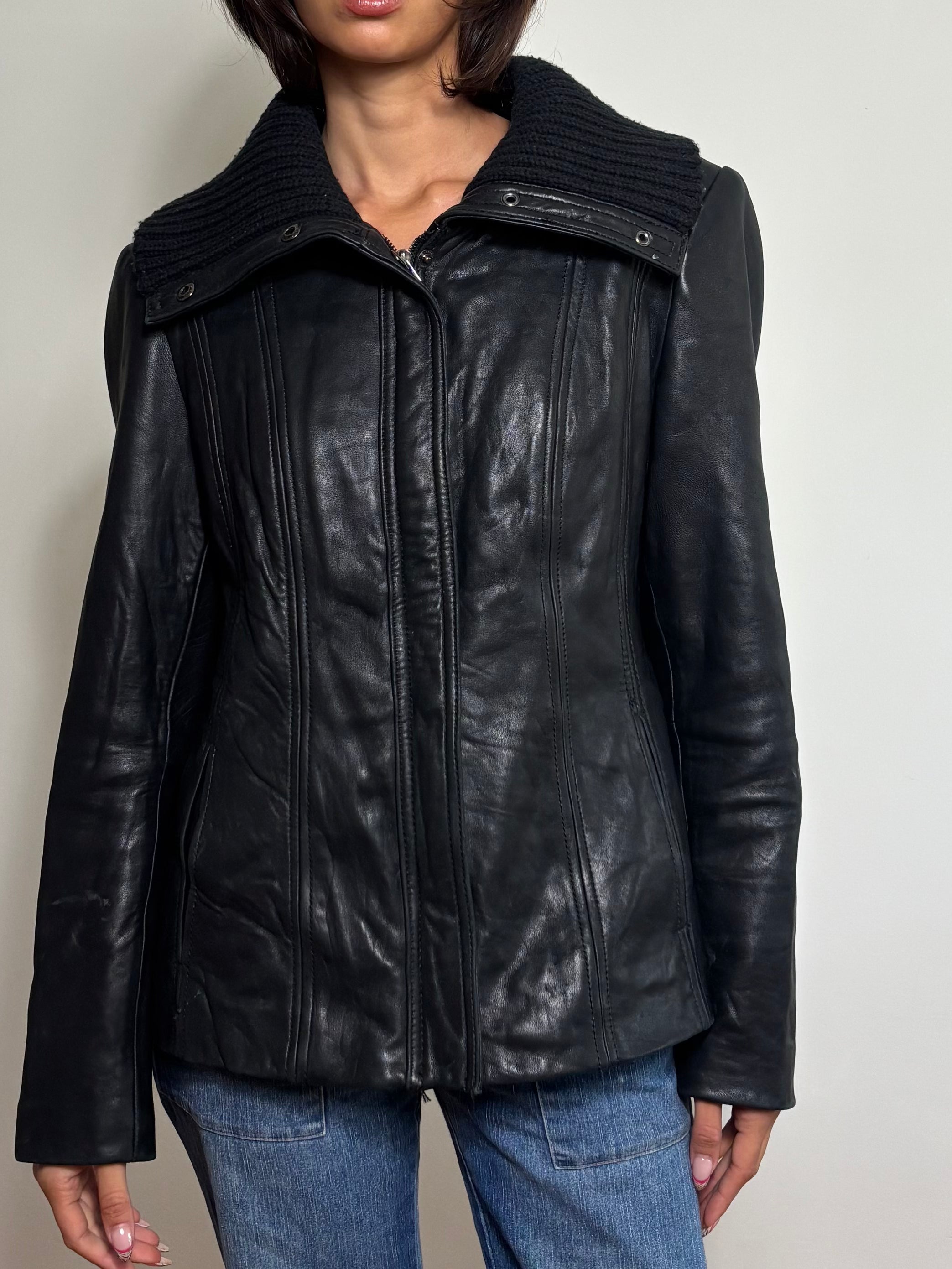 Vintage Black Leather Jacket with Knit Turtleneck Collar (L)