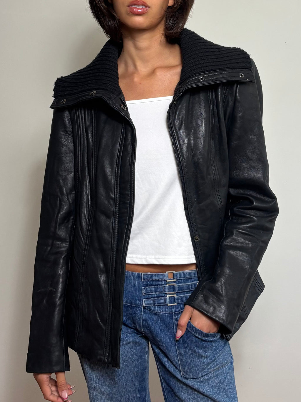 Vintage Black Leather Jacket with Knit Turtleneck Collar (L)