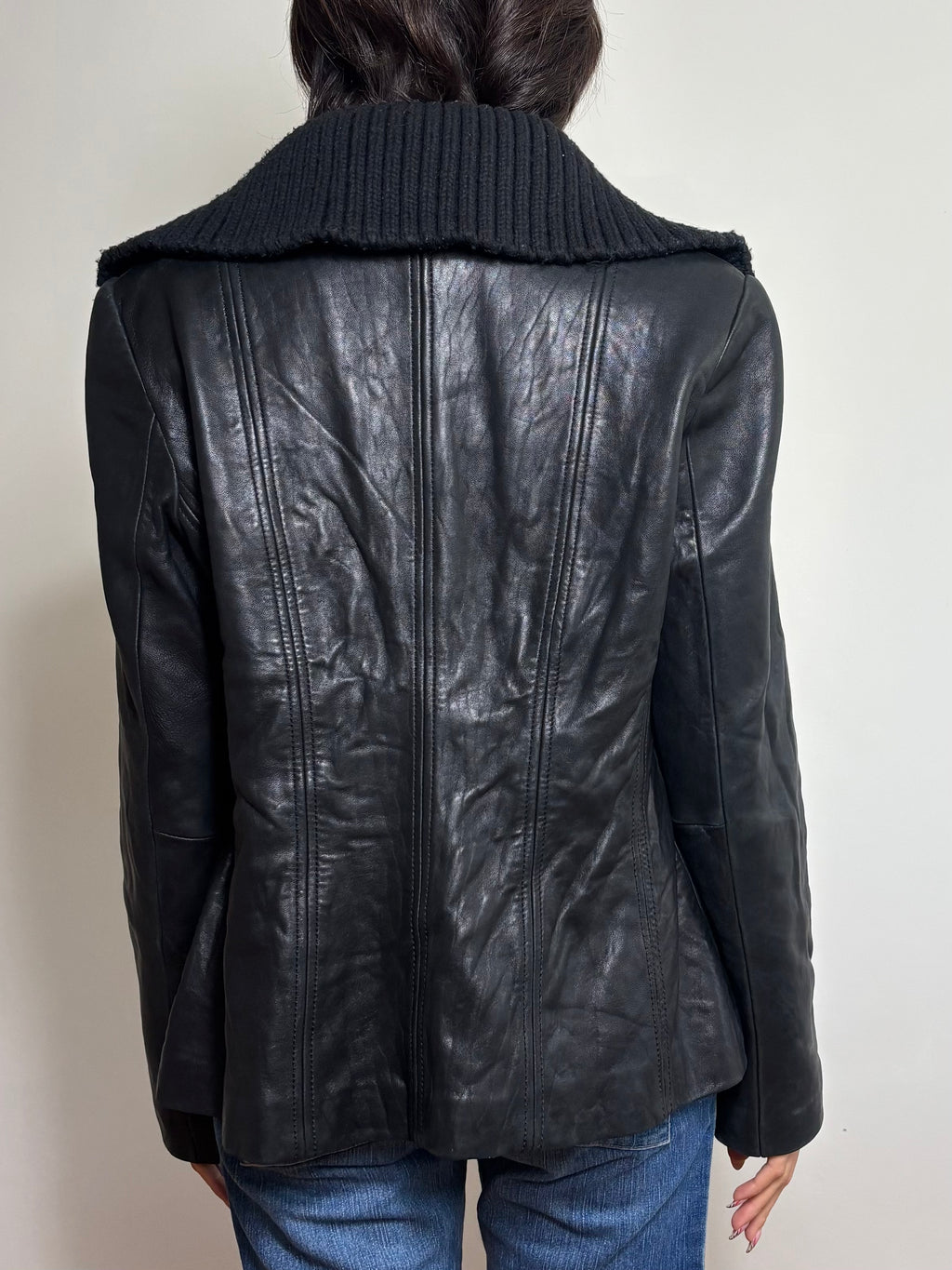 Vintage Black Leather Jacket with Knit Turtleneck Collar (L)