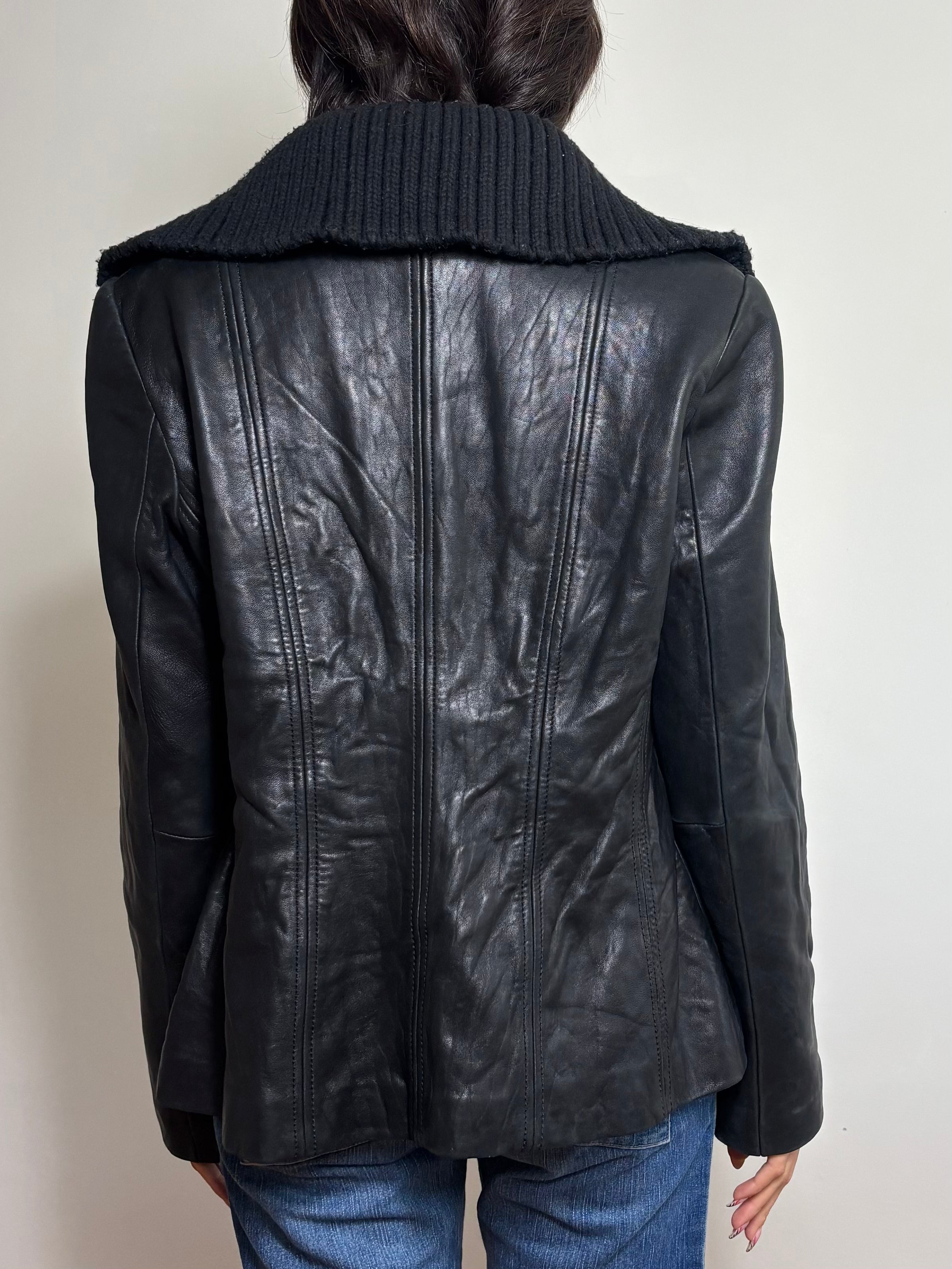 Vintage Black Leather Jacket with Knit Turtleneck Collar (L)
