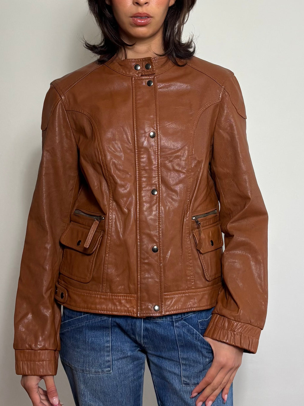 Vintage Tan Brown Leather Biker Jacket (M)