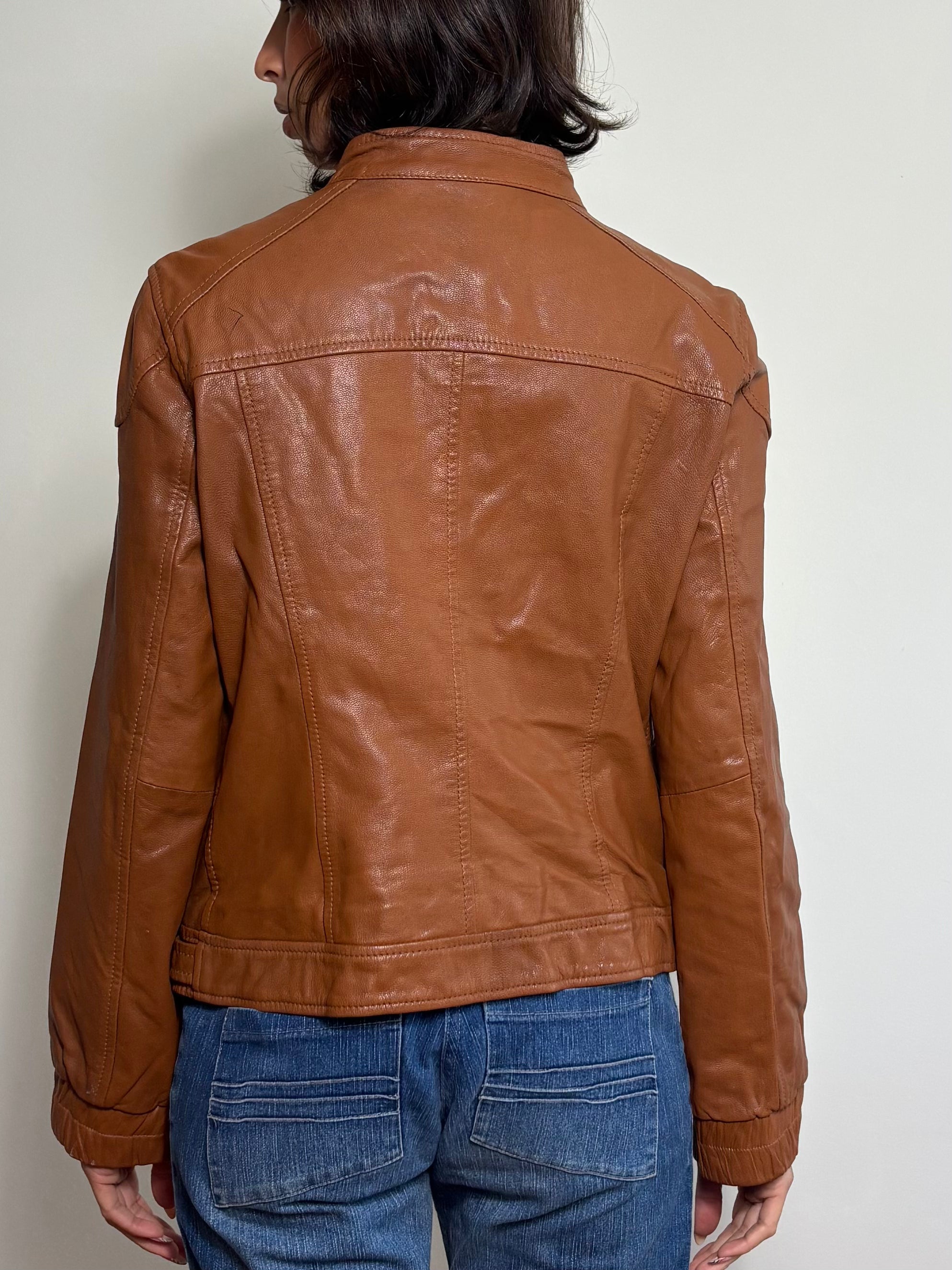 Vintage Tan Brown Leather Biker Jacket (M)