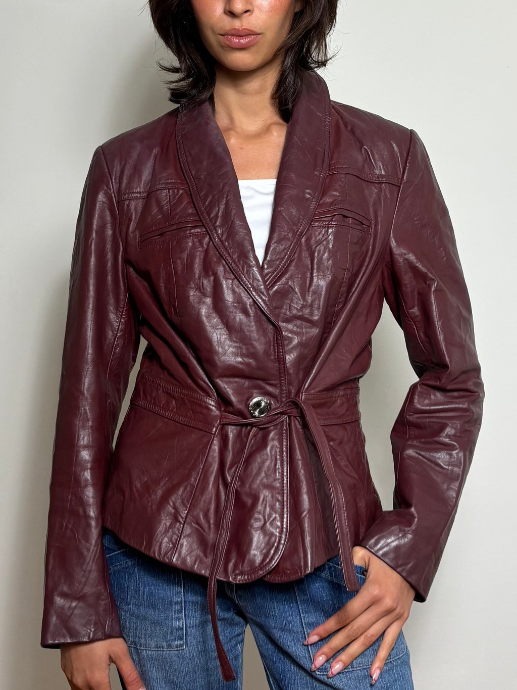 Vintage Burgundy Leather Short Trench Coat (M)