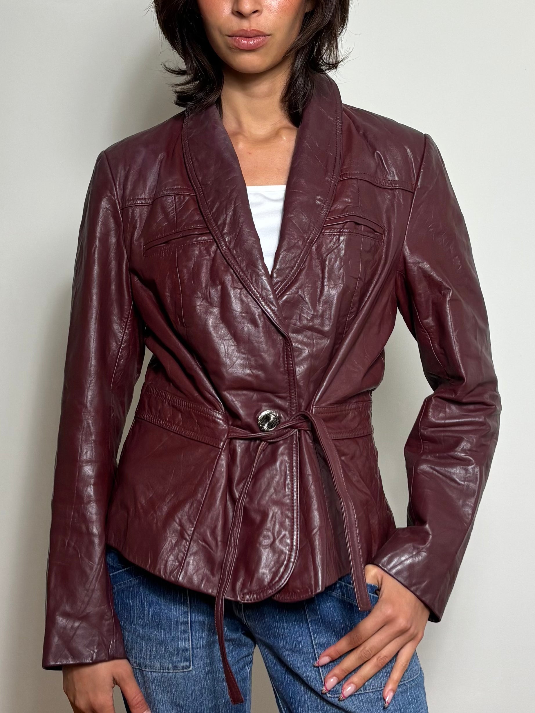 Vintage Burgundy Leather Short Trench Coat (M)