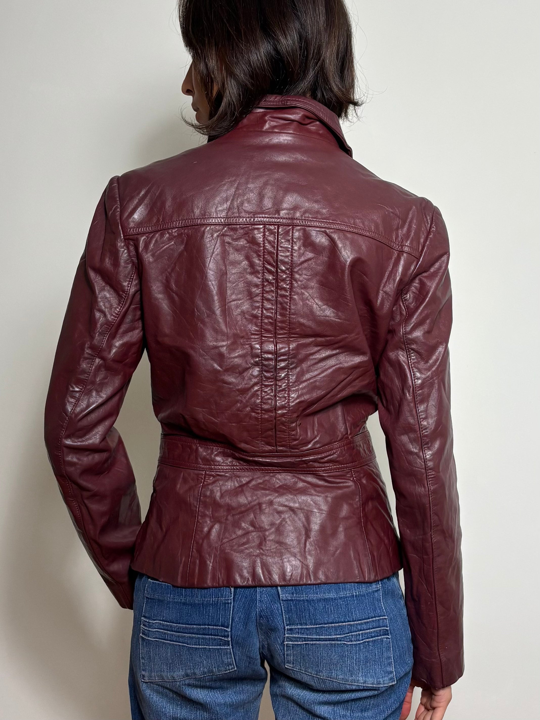 Vintage Burgundy Leather Short Trench Coat (M)