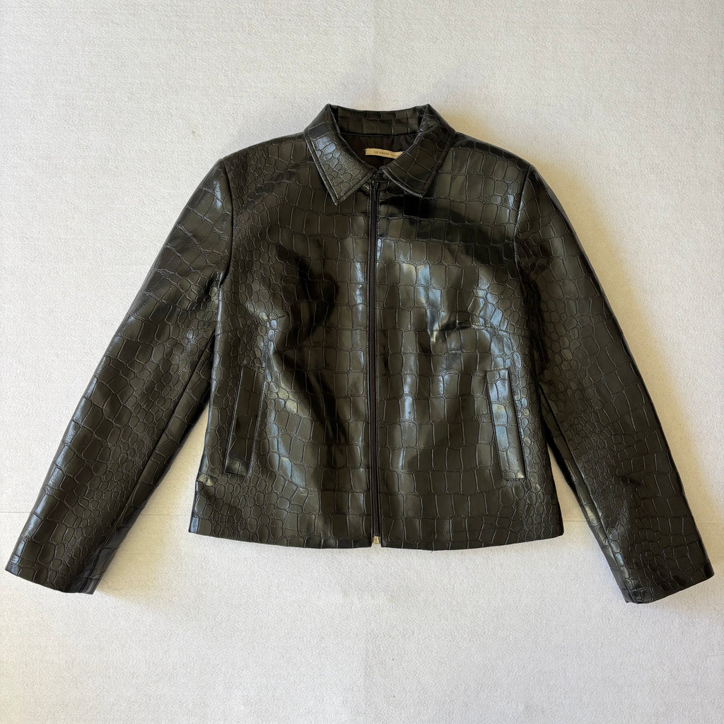 Vintage Black Croc Embossed Faux Leather Jacket (M)