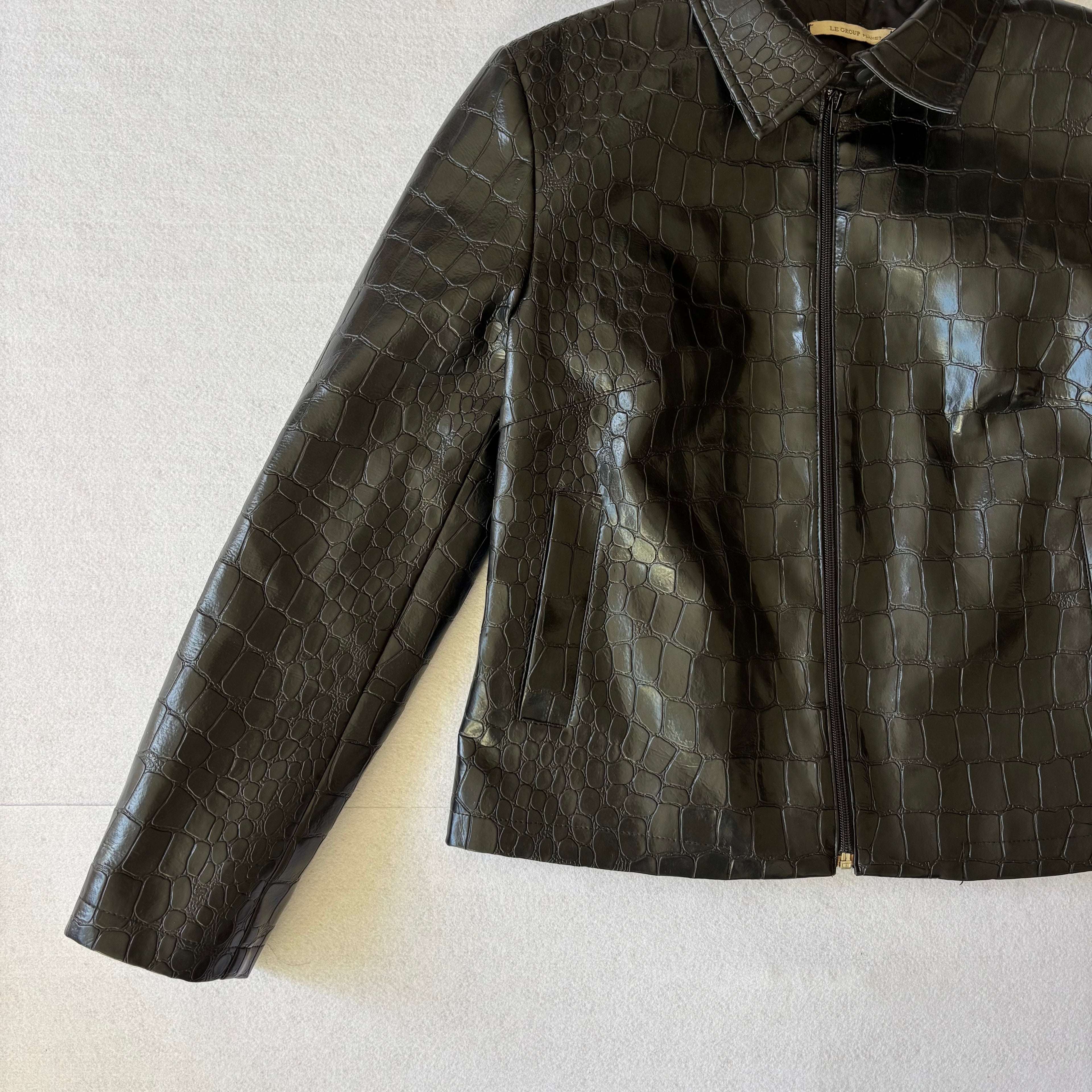 Vintage Black Croc Embossed Faux Leather Jacket (M)