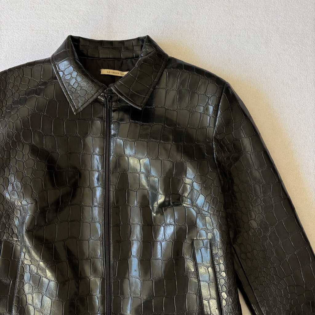 Vintage Black Croc Embossed Faux Leather Jacket (M)