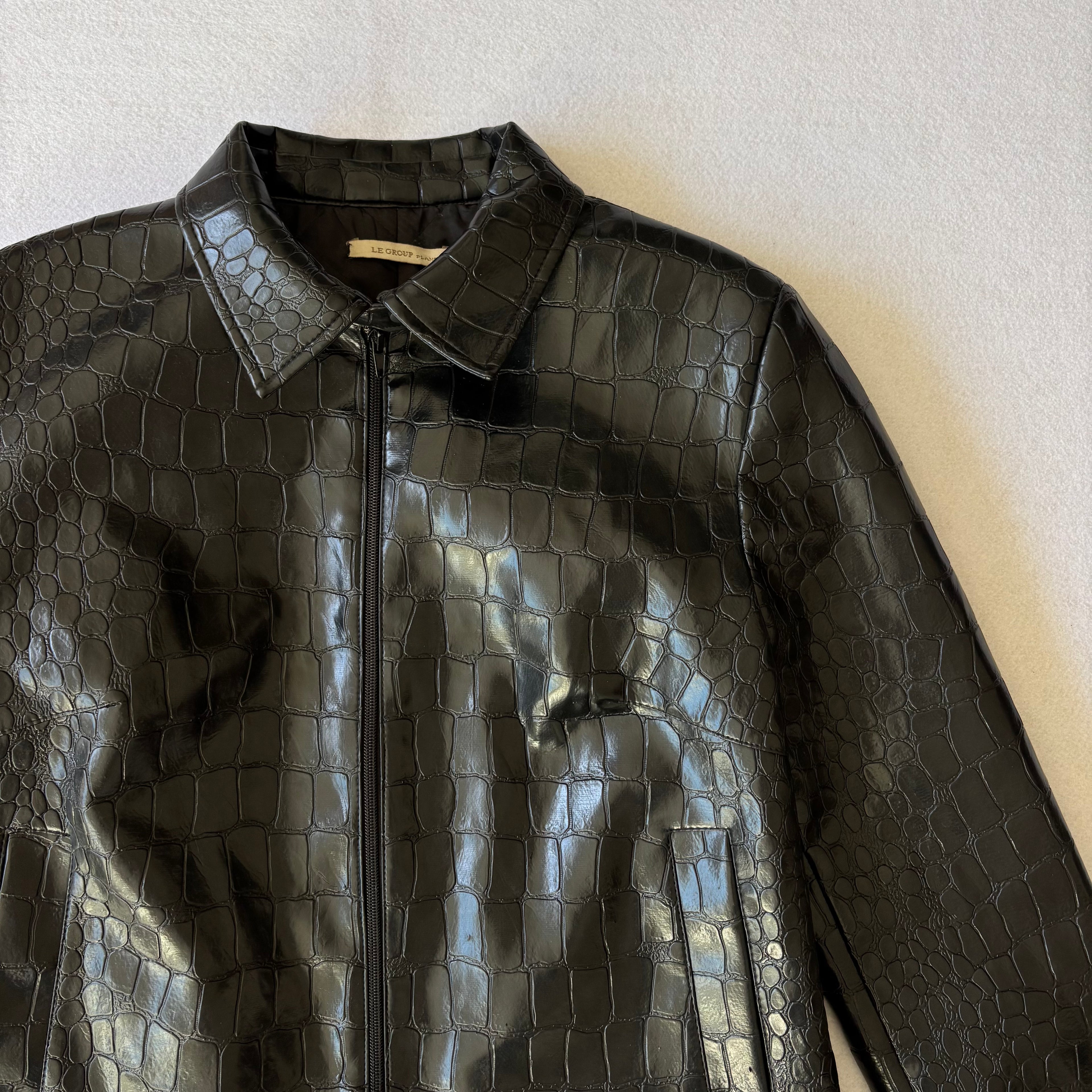 Vintage Black Croc Embossed Faux Leather Jacket (M)