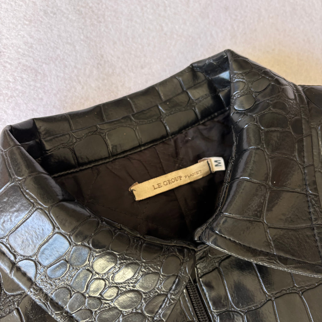 Vintage Black Croc Embossed Faux Leather Jacket (M)