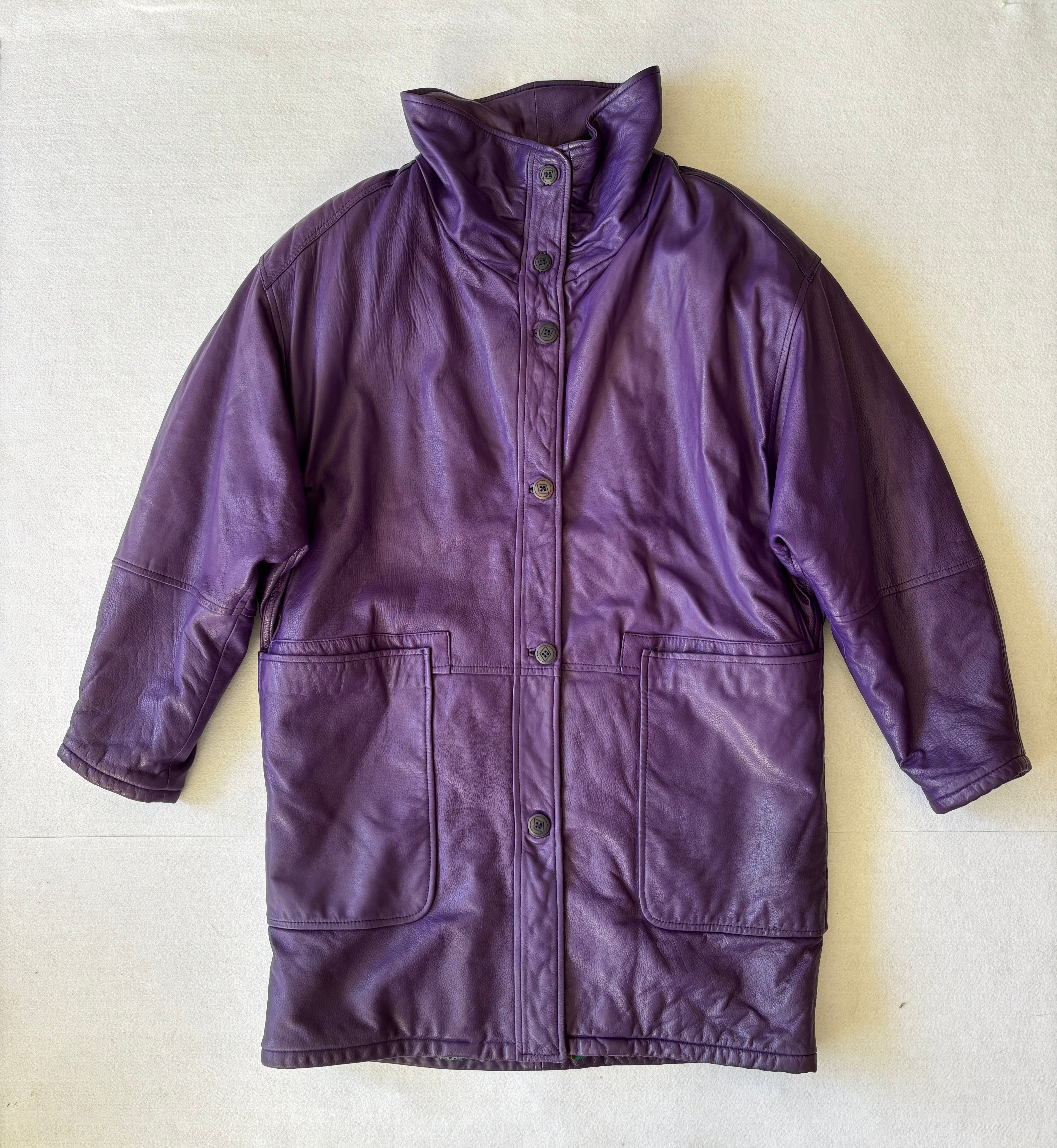 Vintage 80's Purple Leather Oversized Trench Coat (XL)