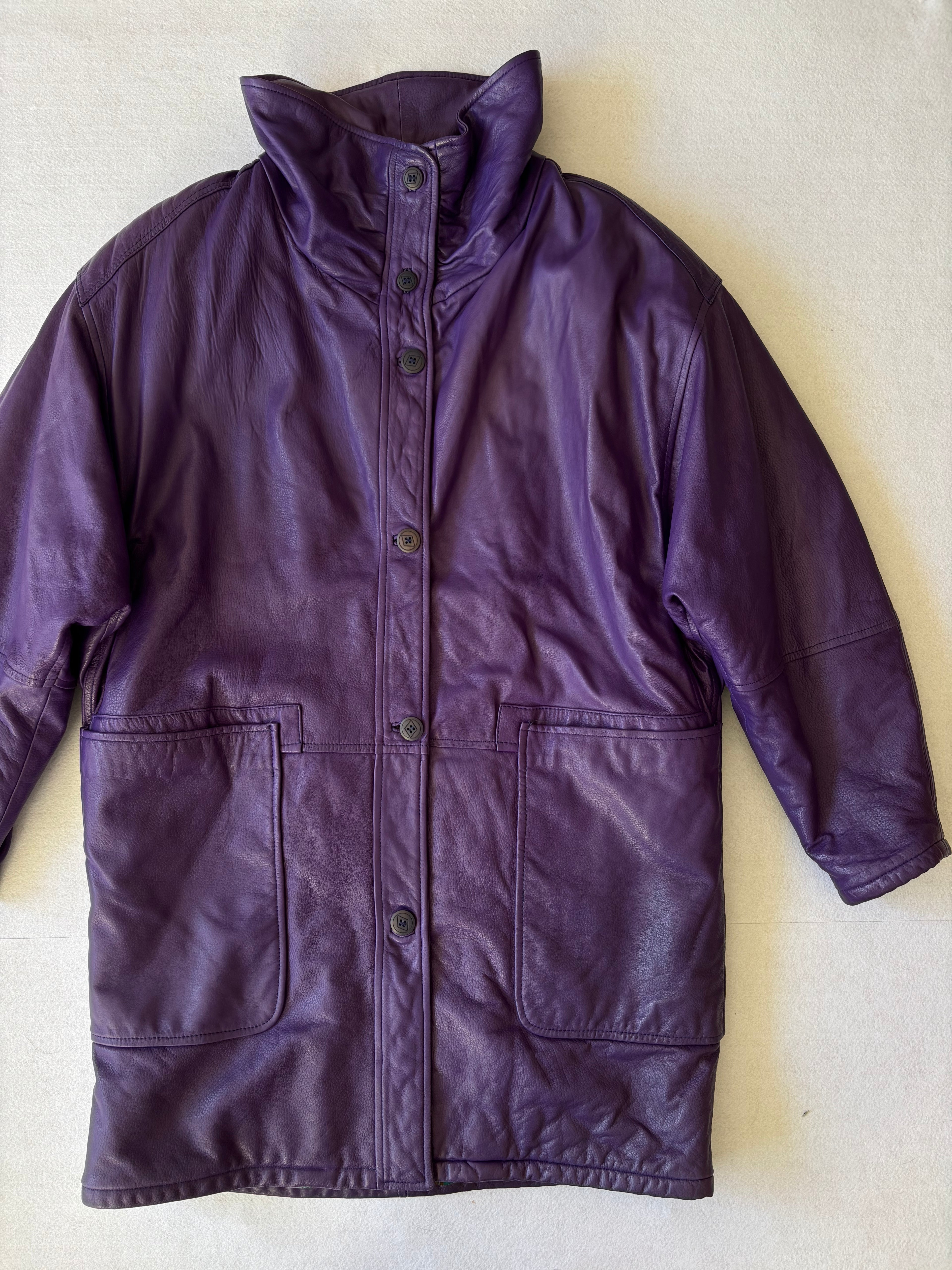 Vintage 80's Purple Leather Oversized Trench Coat (XL)