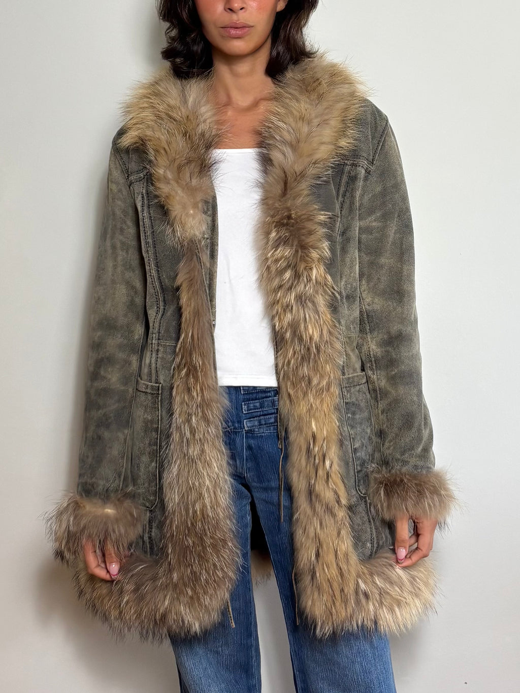 Vintage Distressed Leather Faux Fur Penny Lane Coat (S)