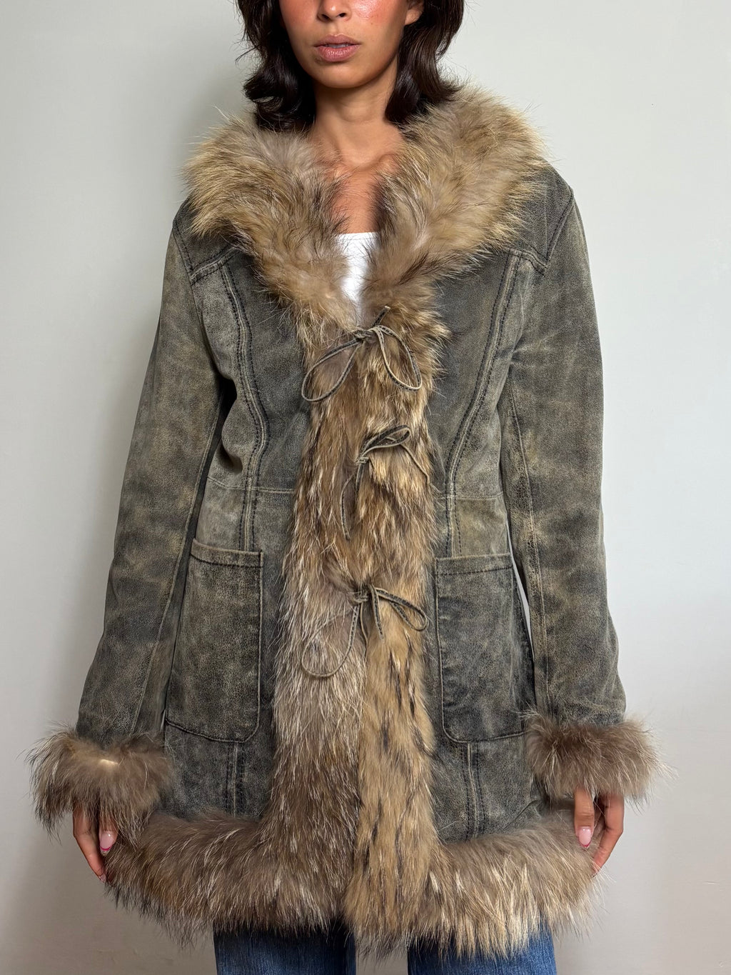 Vintage Distressed Leather Faux Fur Penny Lane Coat (S)