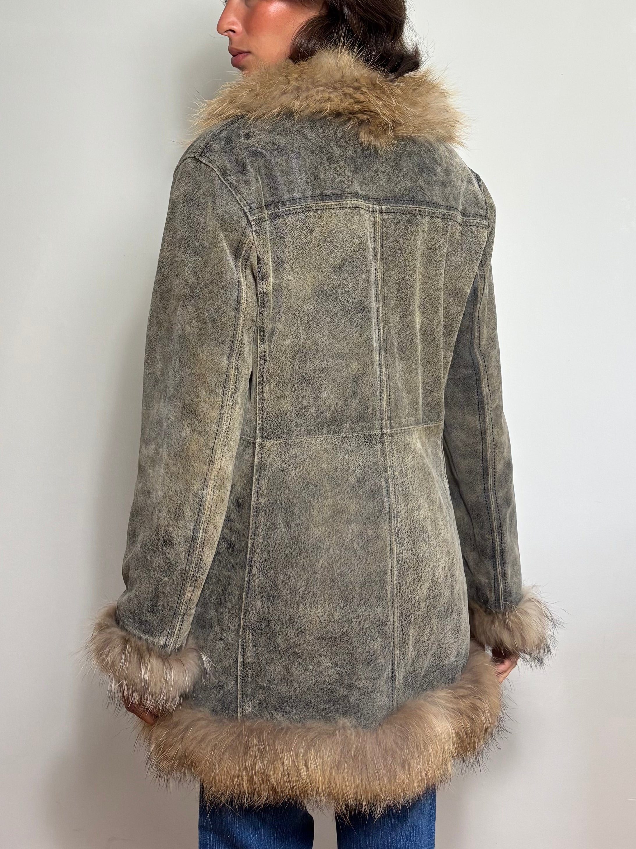 Vintage Distressed Leather Faux Fur Penny Lane Coat (S)