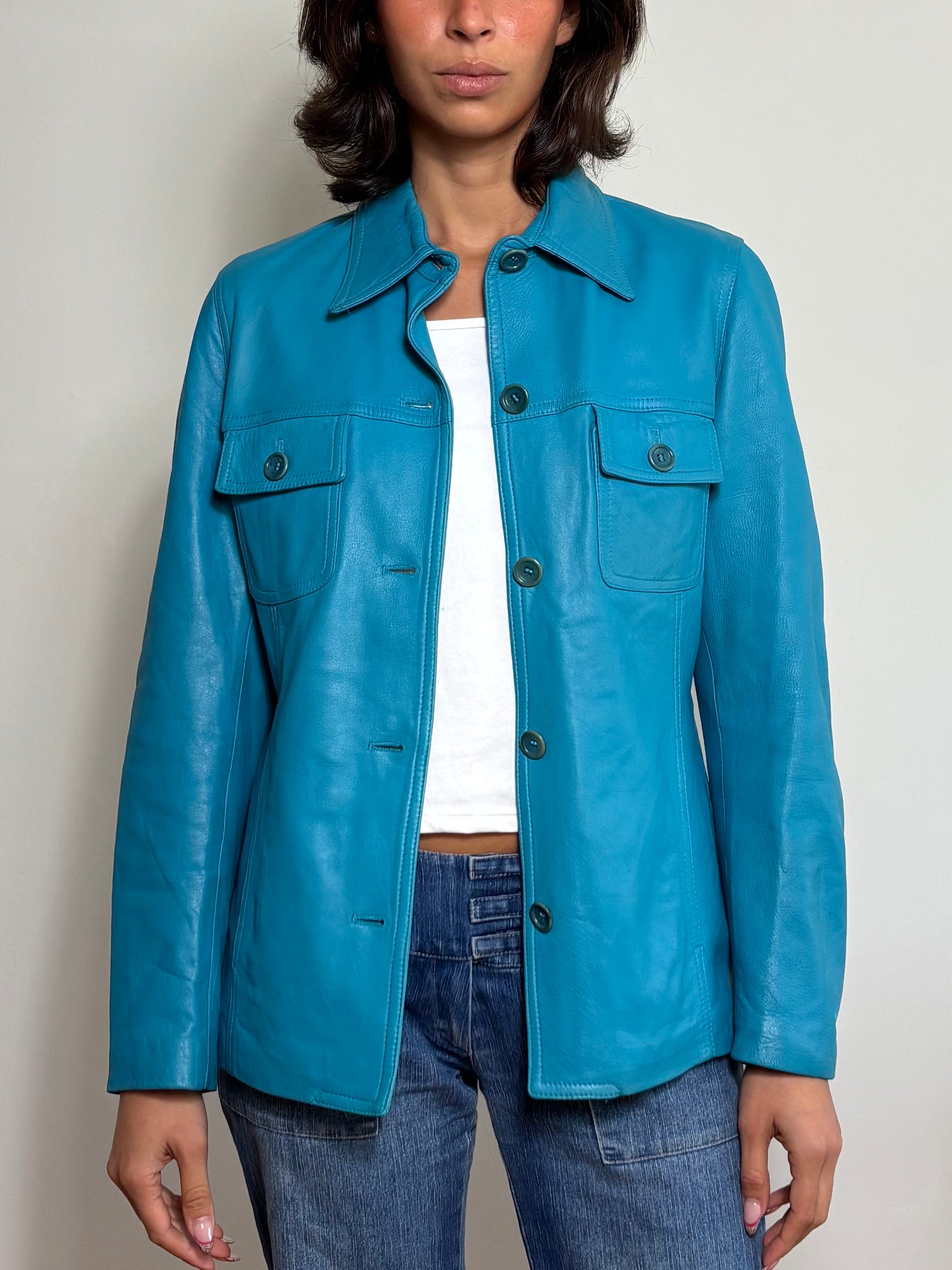 Vintage Turquoise Blue Leather Jacket (S)