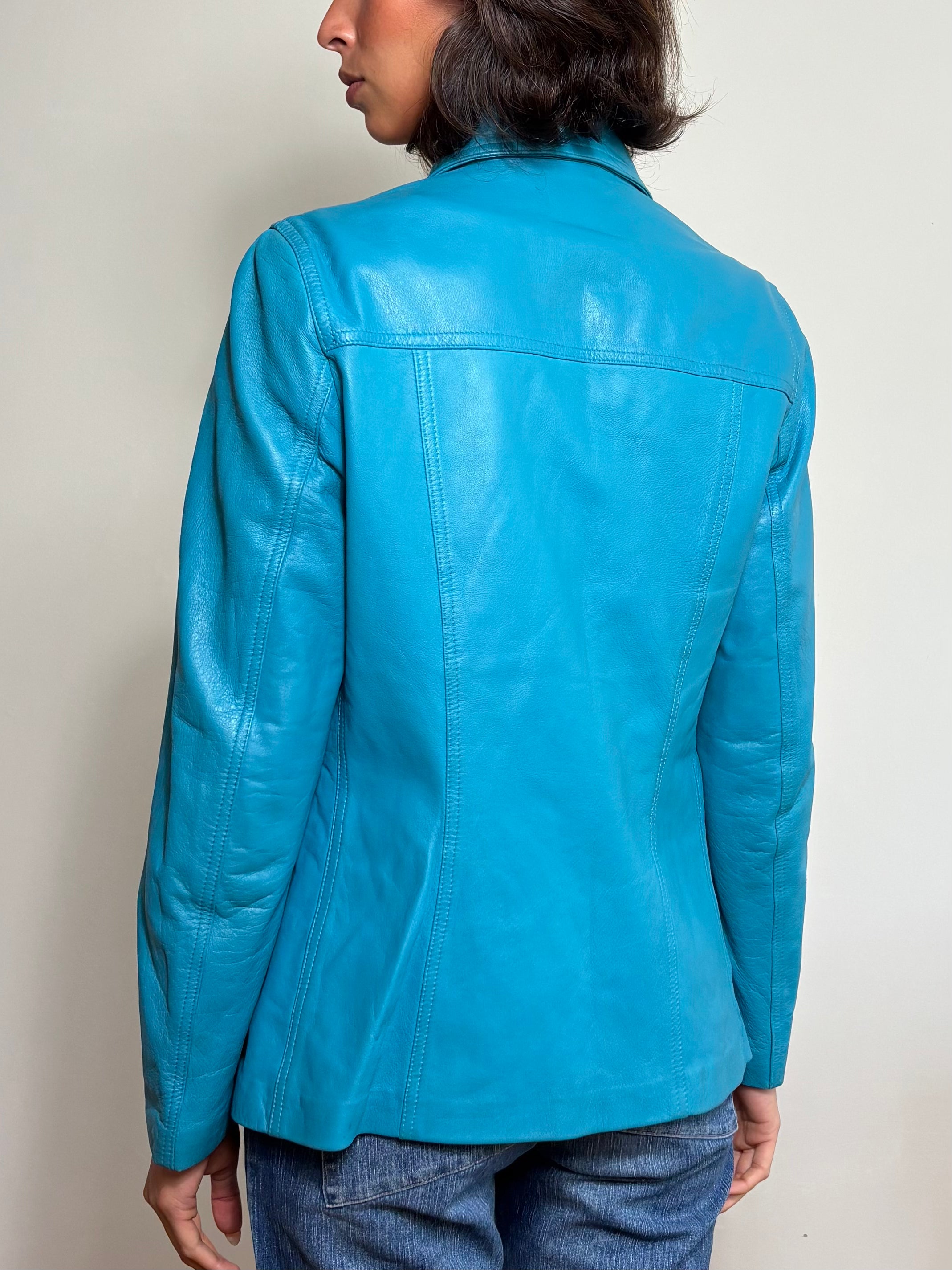 Vintage Turquoise Blue Leather Jacket (S)
