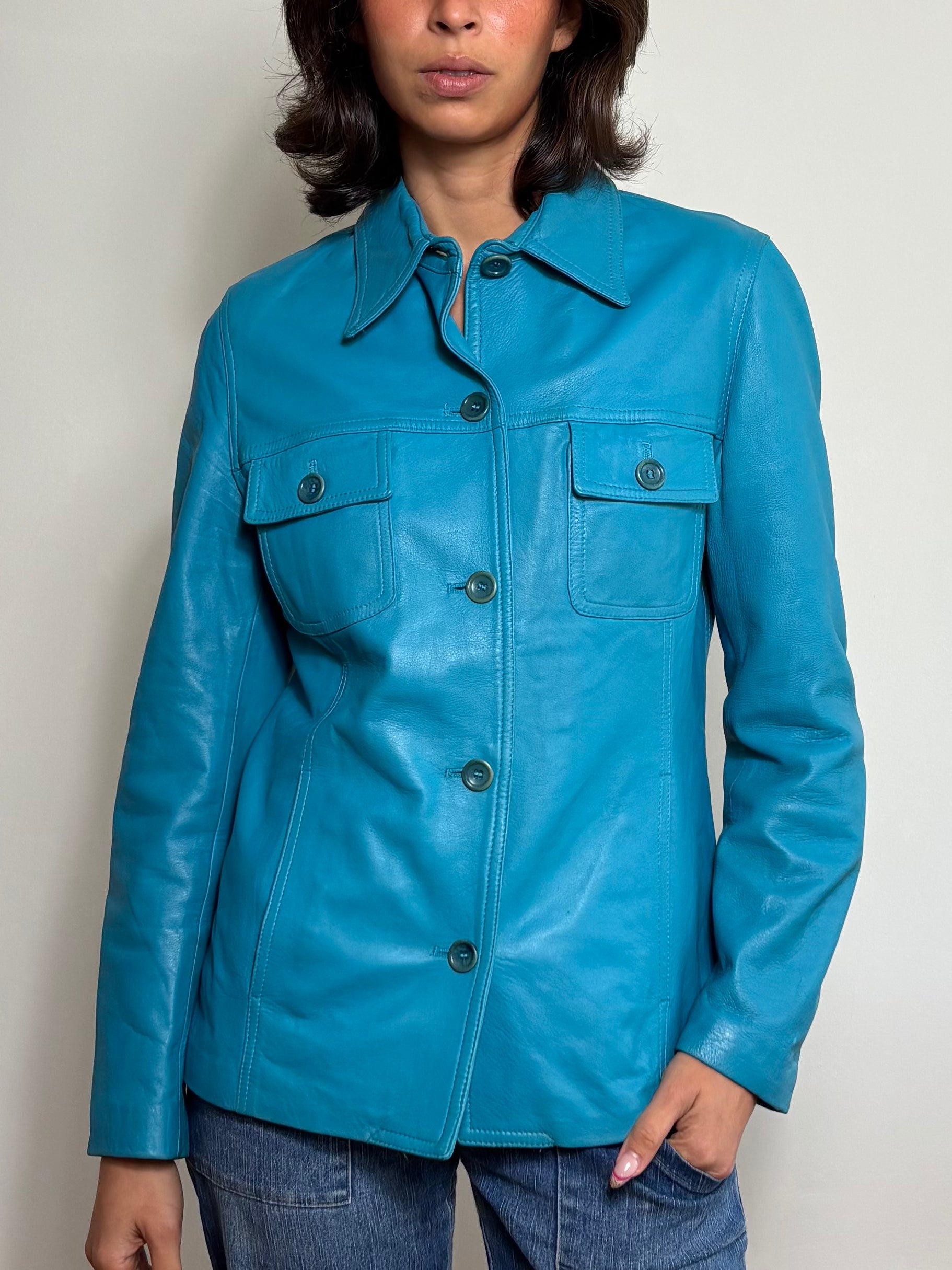 Vintage Turquoise Blue Leather Jacket (S)