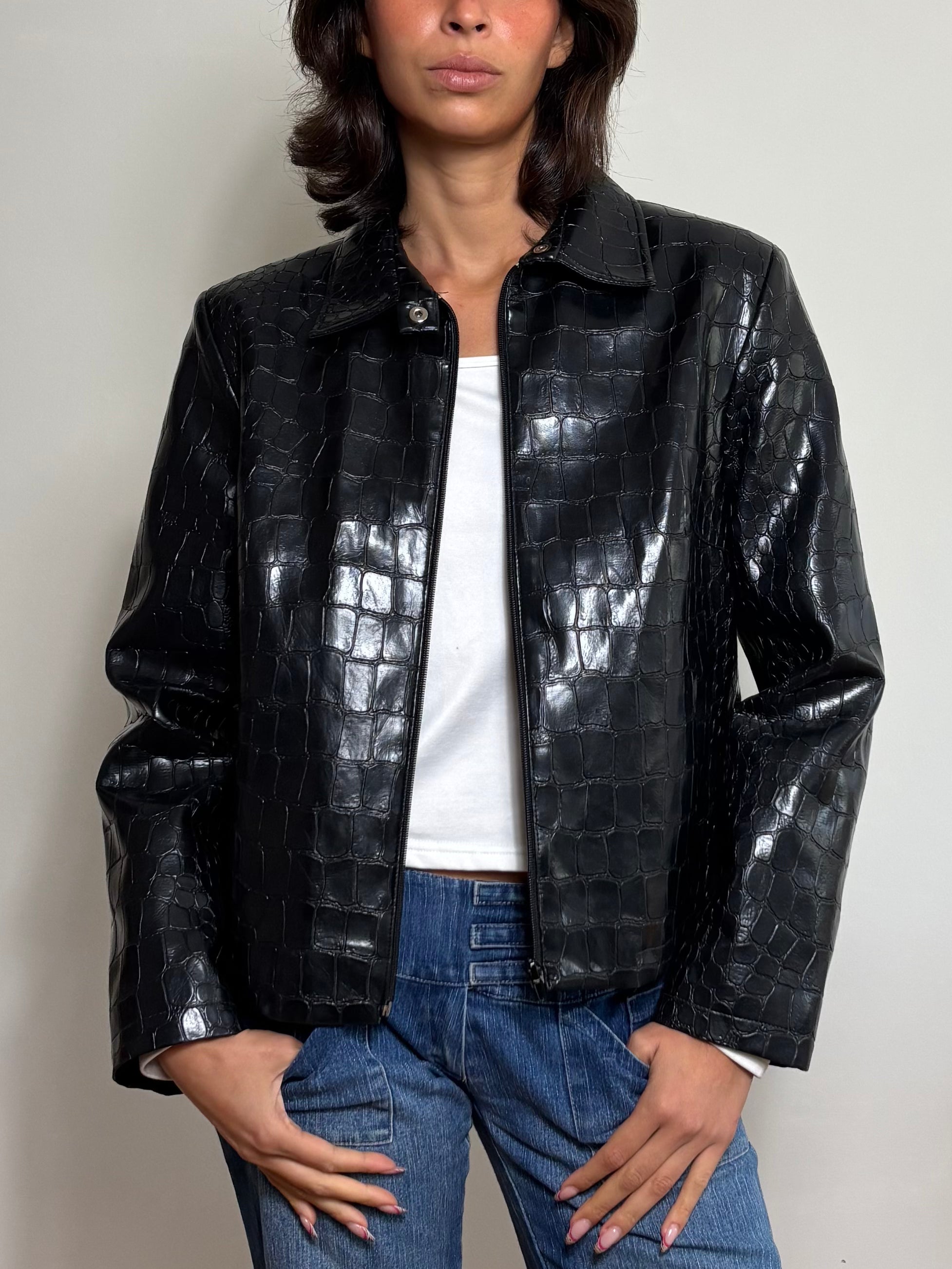 Vintage Black Croc Embossed Faux Leather Jacket (M)